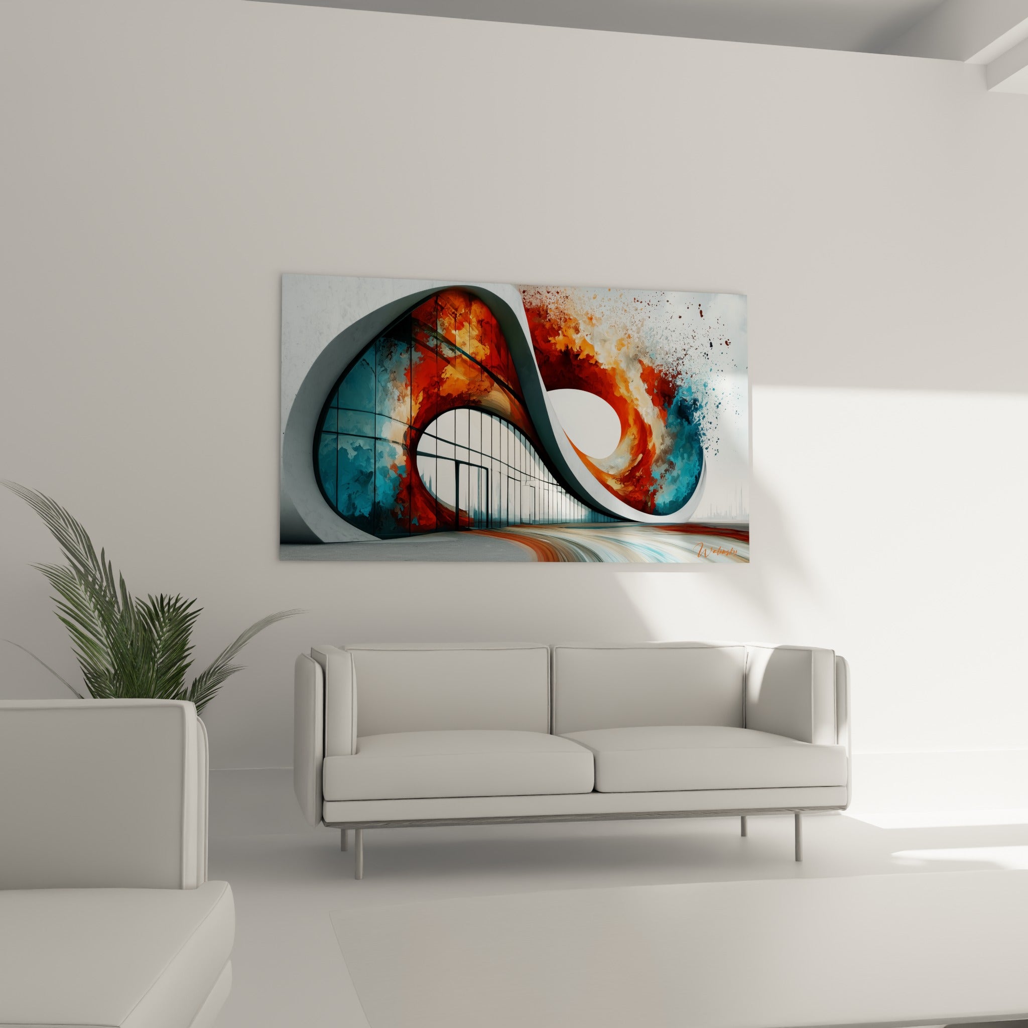 Courbe blanche entourant un tourbillon terracotta et bleu, au-dessus d'un canapé dans un salon lumineux