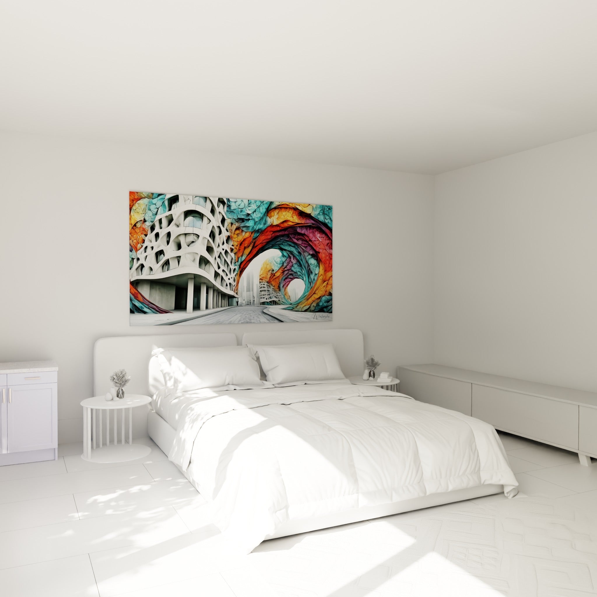 Tourbillon corail et turquoise entourant un bâtiment blanc, accroché au-dessus d'un lit dans une chambre claire