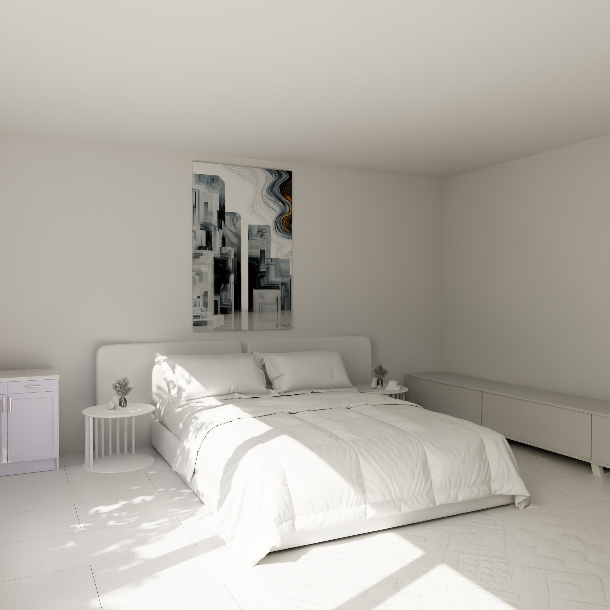 Tours grises aux façades graphiques et ciel marbré doré, tableau architecture abstraite au-dessus d'un lit dans une chambre claire