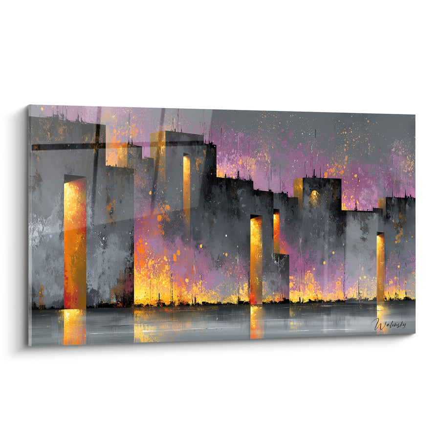 Graffiti Skyline Grau und Orange mit Violett-Spritzern - Leuchtende Türme im Dämmerlicht - Edition Abstrakte Architektur