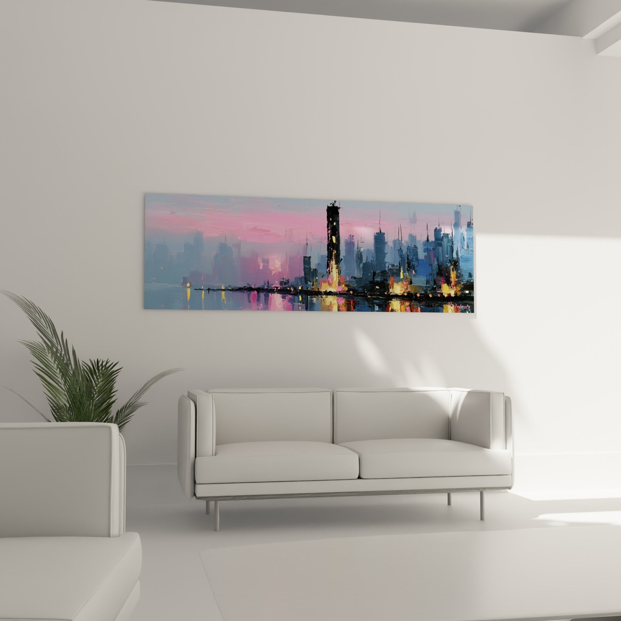 Tours urbaines anthracite et roses, lumières scintillantes, au-dessus d'un canapé dans un salon lumineux