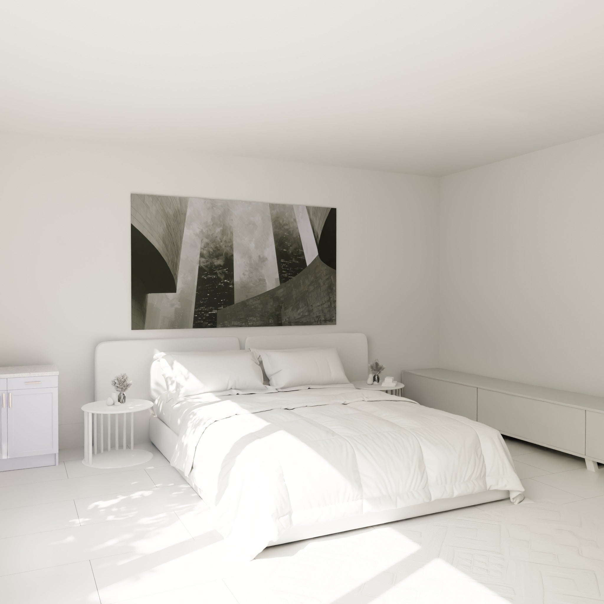 Tours urbaines anthracite et grises en clair-obscur, accrochées au-dessus d'un lit dans une chambre claire
