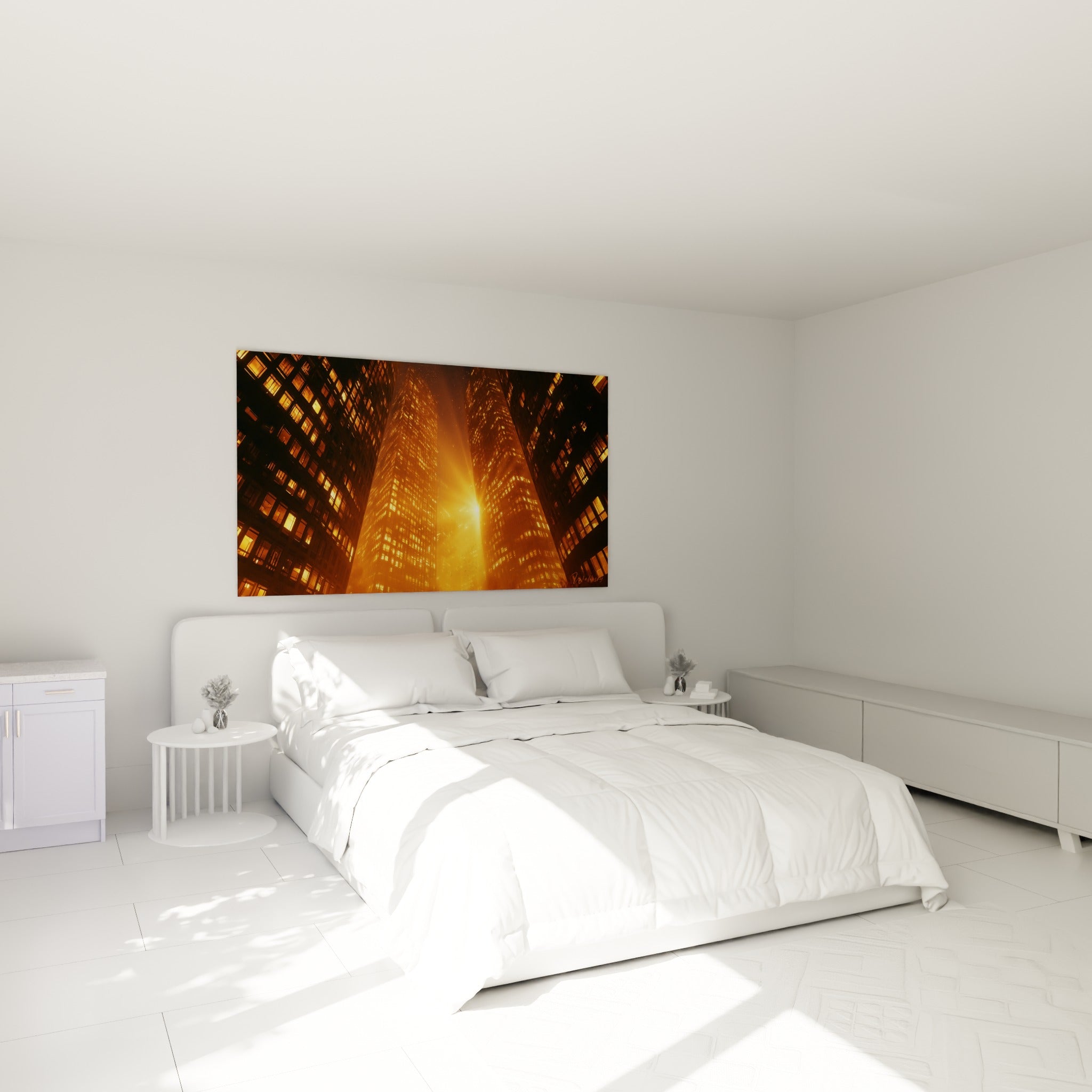 Tours dorées et sombres percées de lumière, tableau architecture abstrait au-dessus d'un lit dans une chambre claire