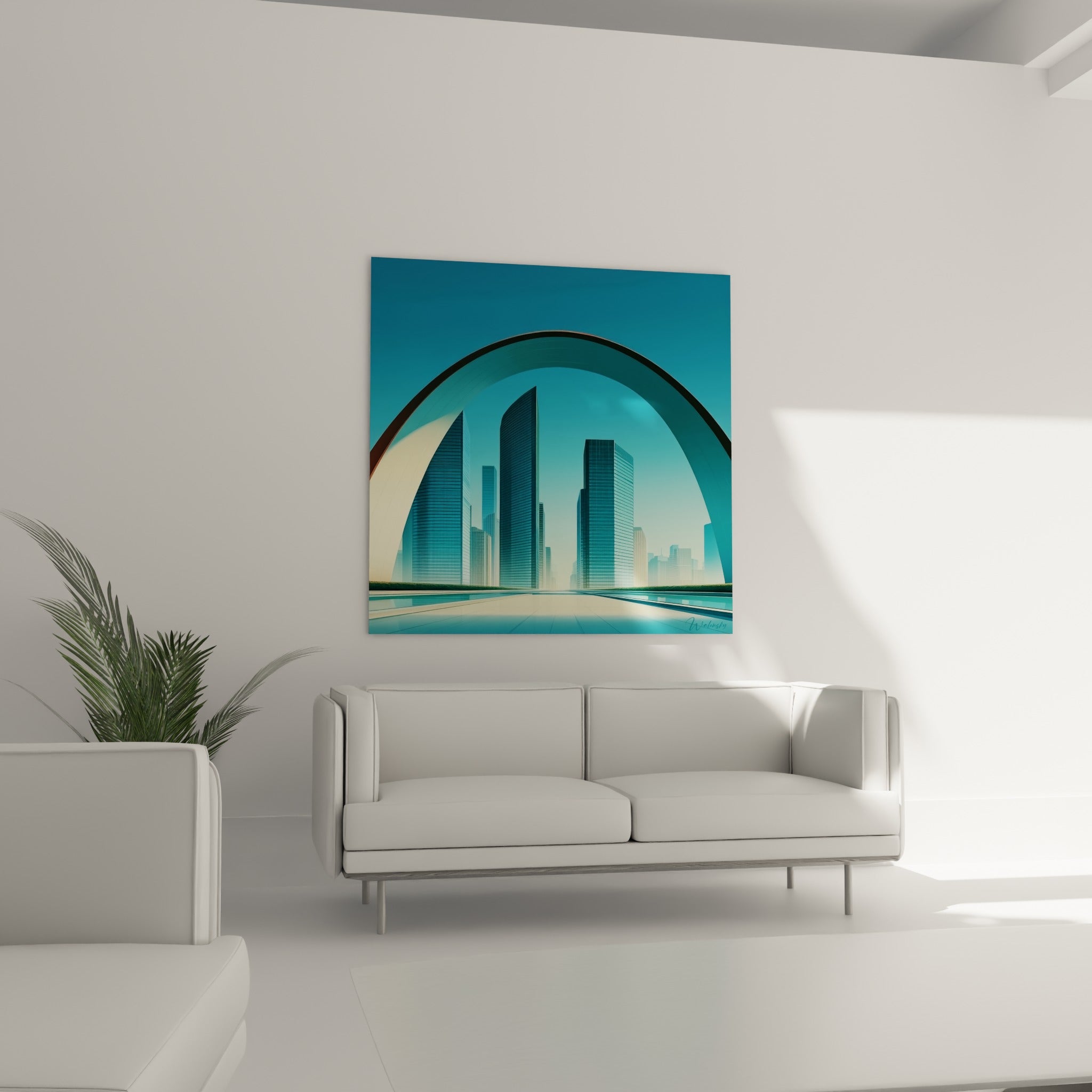 Tours de verre bleu marine et arche courbée dorée, au-dessus d'un canapé dans un salon lumineux