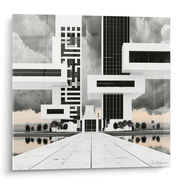 Cuadro Edificio blanco con bloques antracita superpuestos - Ciudad suspendida - Edición Arquitectura abstracta