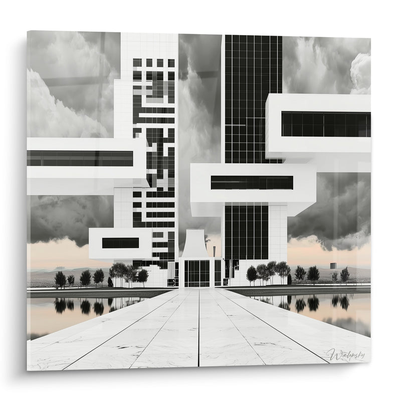 Gemälde Weißes Gebäude mit übereinanderliegenden Anthrazitblöcken - Schwebende Stadt - Architektur Edition Abstrakte Kunst