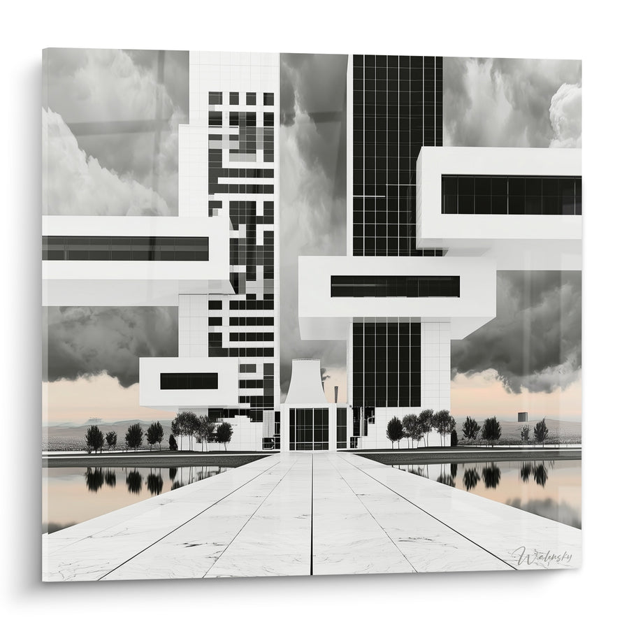 Gemälde Weißes Gebäude mit übereinanderliegenden Anthrazitblöcken - Schwebende Stadt - Architektur Edition Abstrakte Kunst
