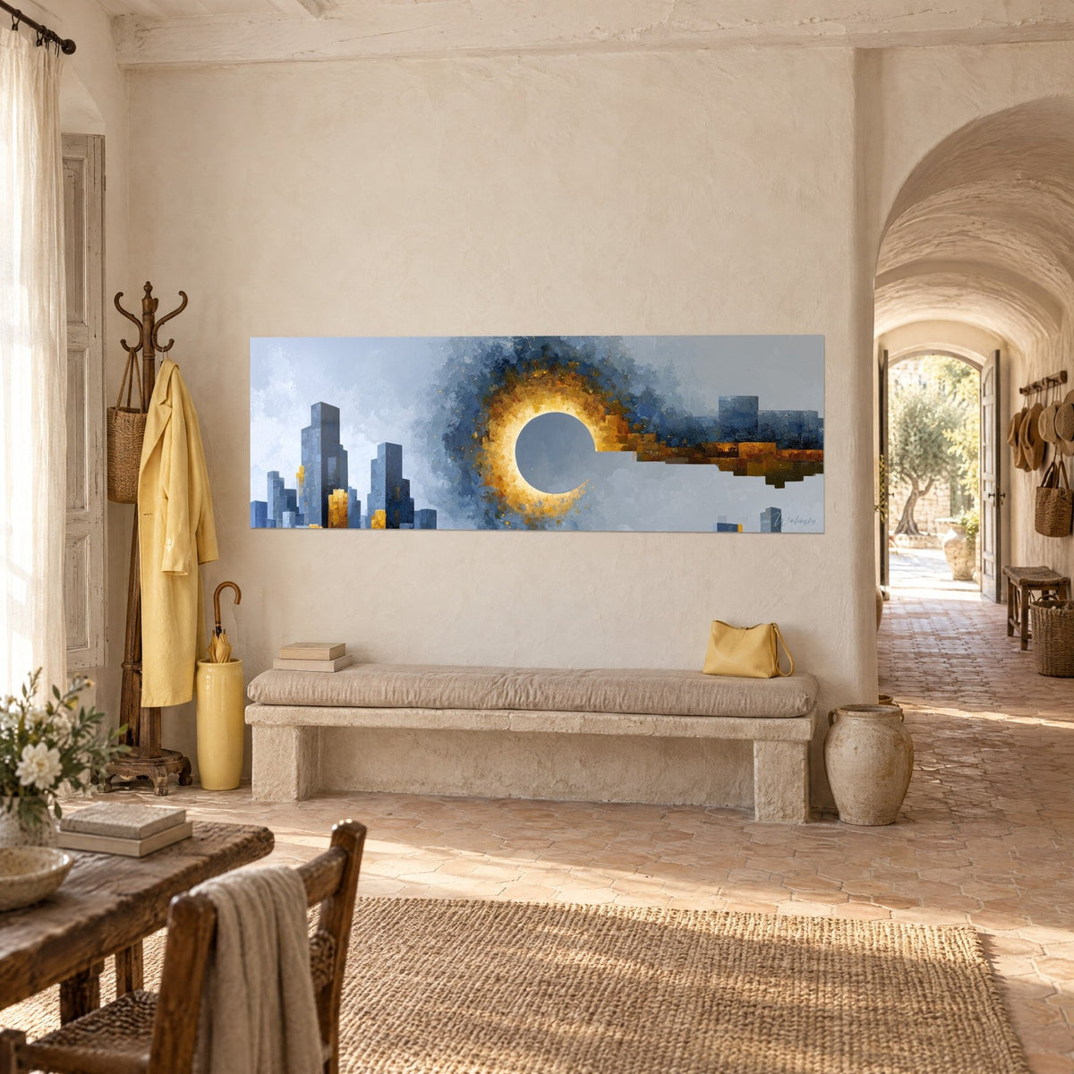 Gemälde flammender Sonnenhalo, stahlblaue Türme und kupferfarbene Schliere in Pixeln, Ansicht von drei Vierteln, gewölbter Flur des Mas