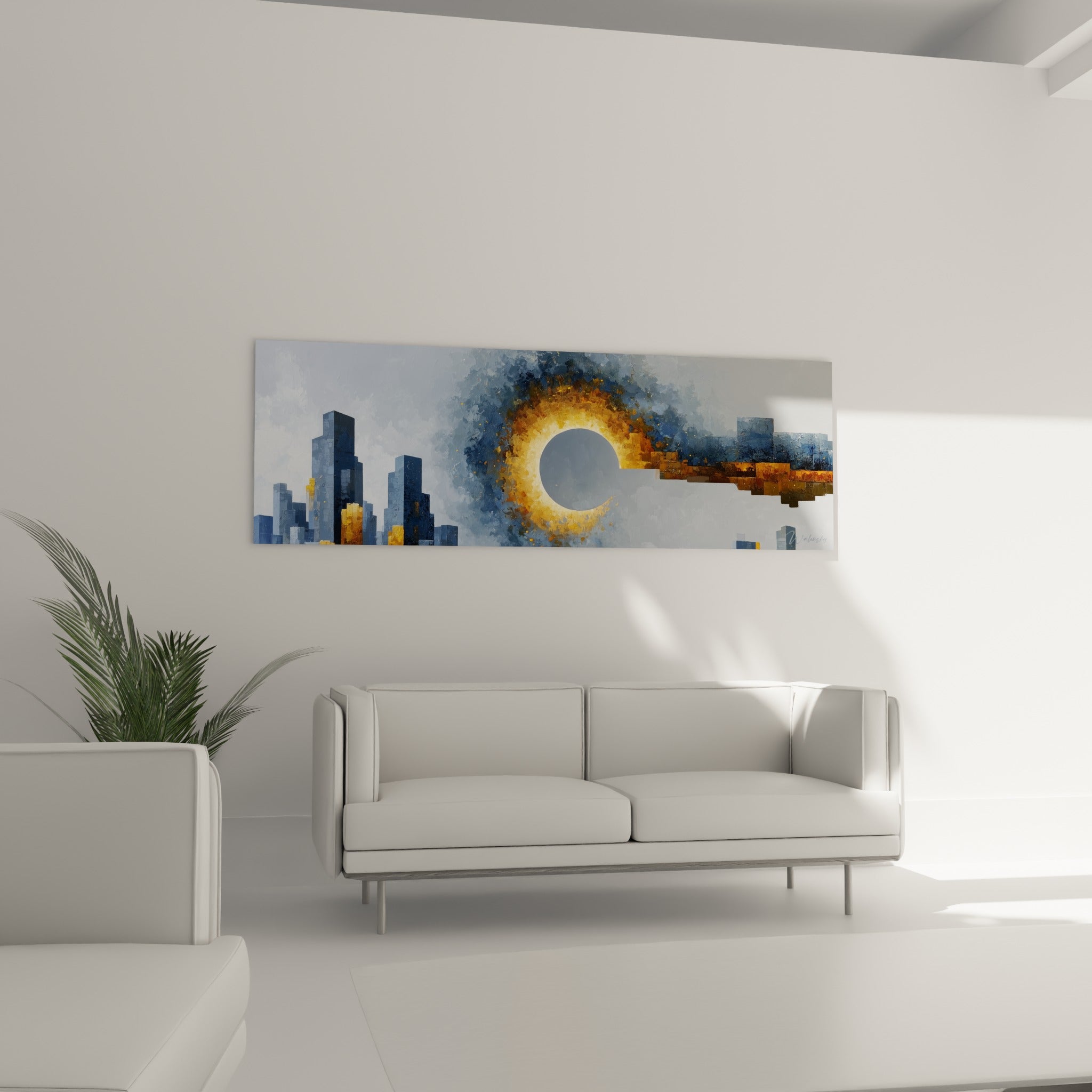 Tours bleu marine cernées d'un halo doré, tableau architecture abstrait au-dessus d'un canapé dans un salon lumineux