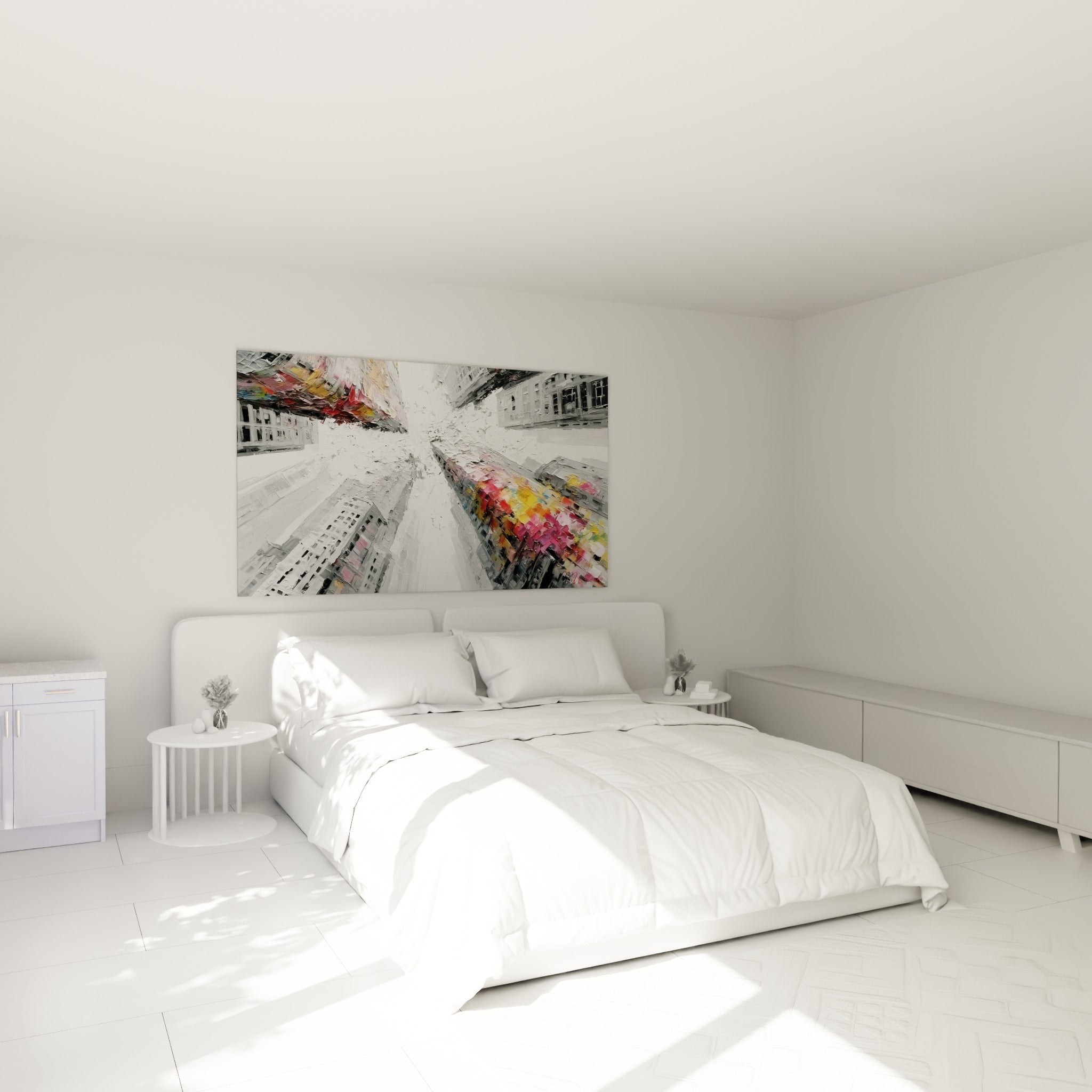 Tours grises et éclats roses en perspective vertigineuse, accrochées au-dessus d'un lit dans une chambre claire