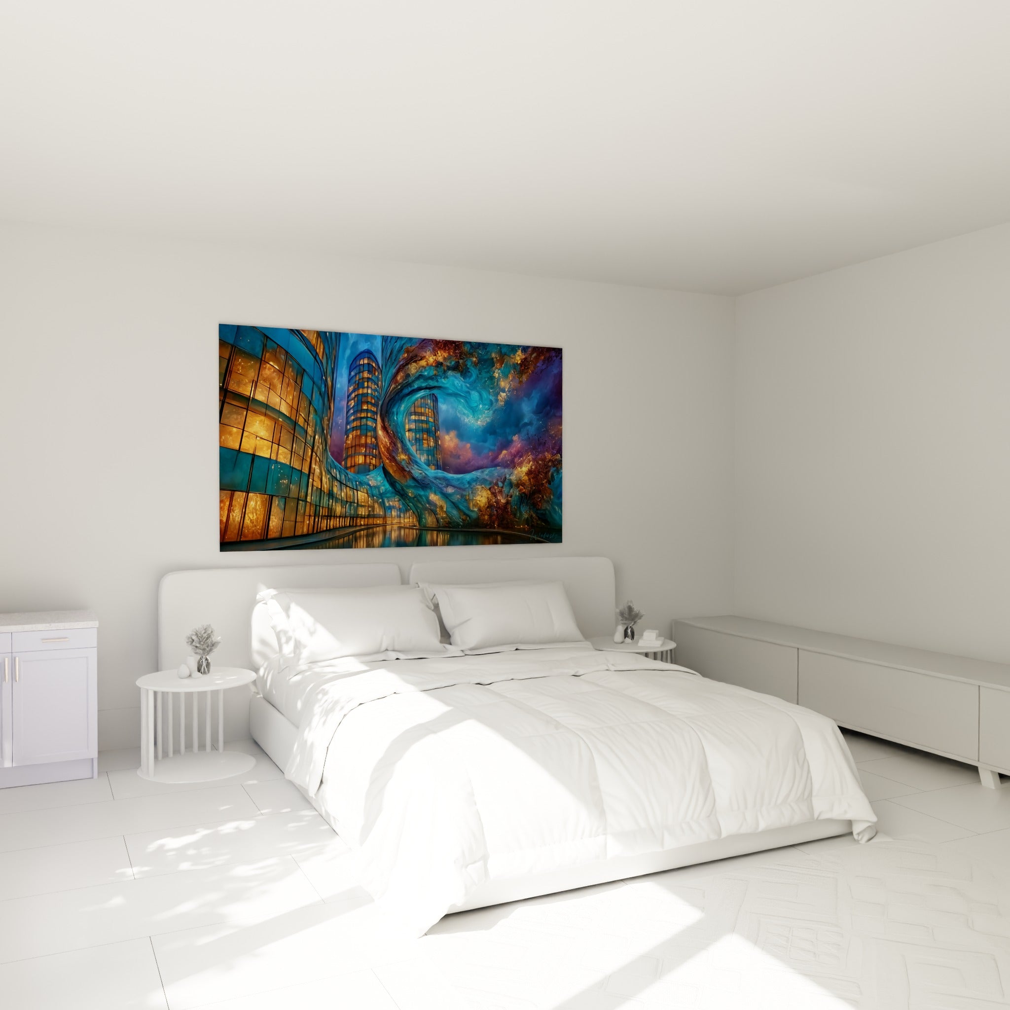 Tours illuminées d'or fusionnant avec une vague turquoise, au-dessus d'un lit dans une chambre claire