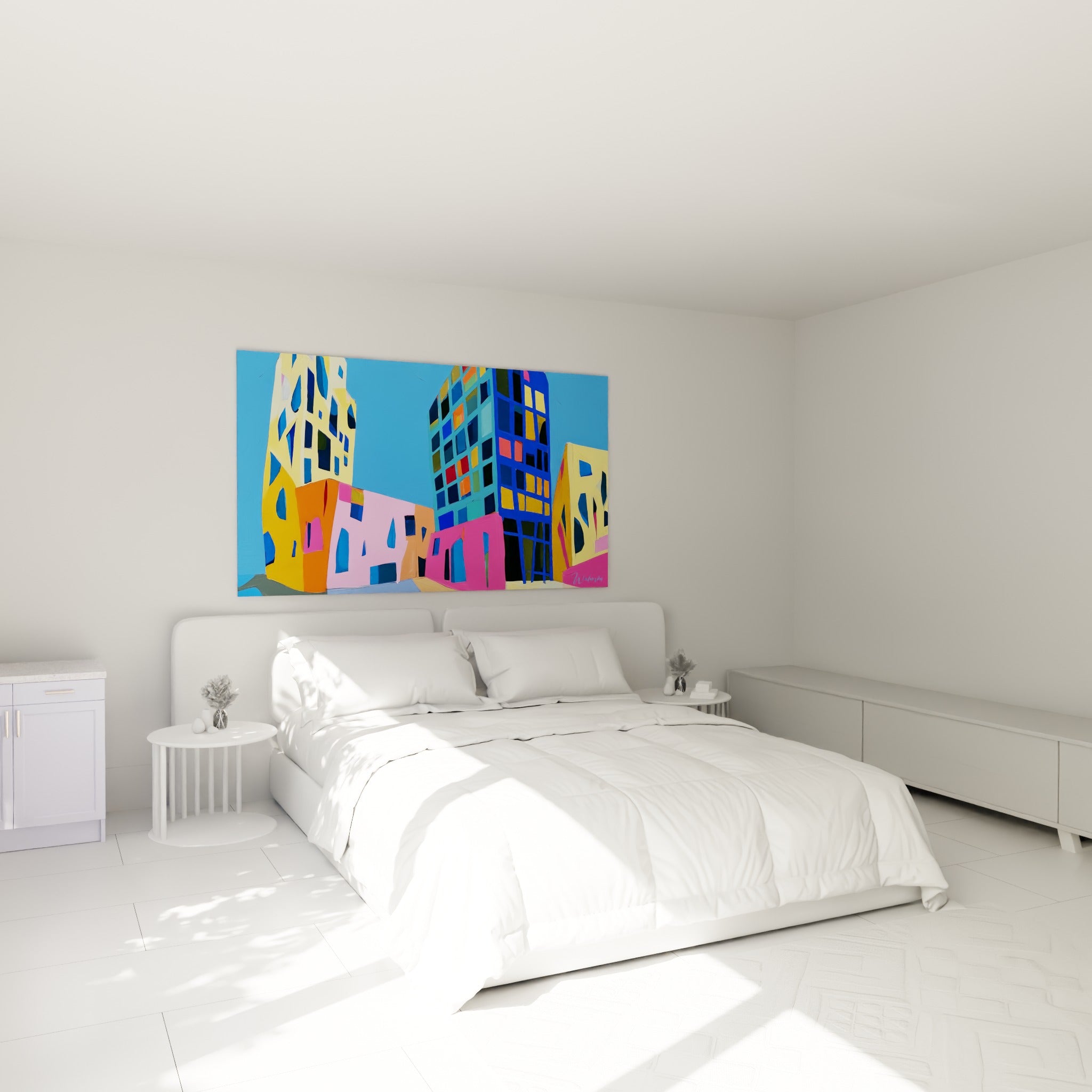 Tours d'architecture abstrait bleu marine et rose fuchsia au-dessus d'un lit dans une chambre claire
