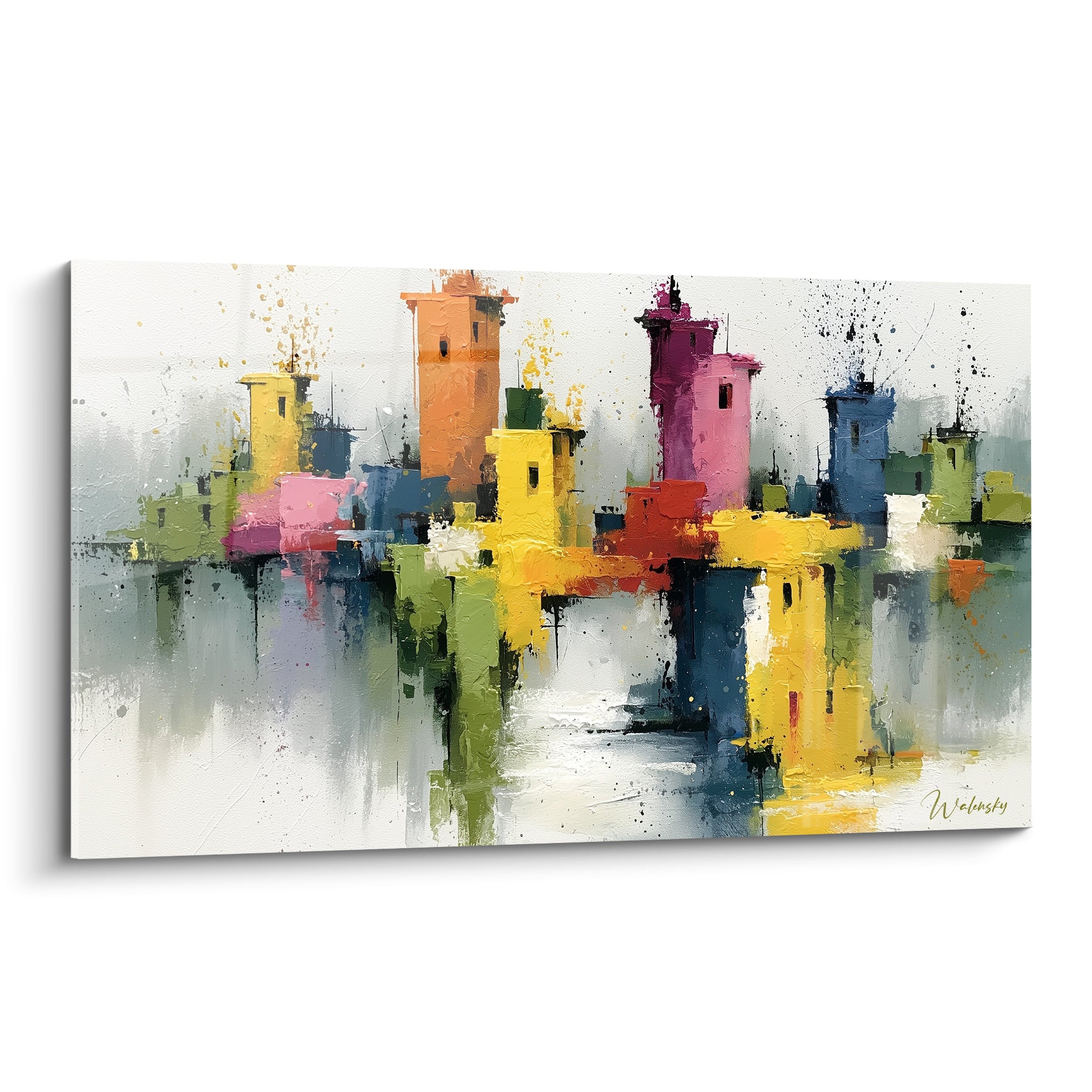 Tours colorées jaune, rose et bleu marine d'un village flottant, peinture au couteau texturée