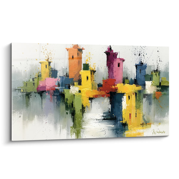 Tableau Tours colorées jaune et rose sur l'eau - Cité flottante - Edition Architecture abstrait