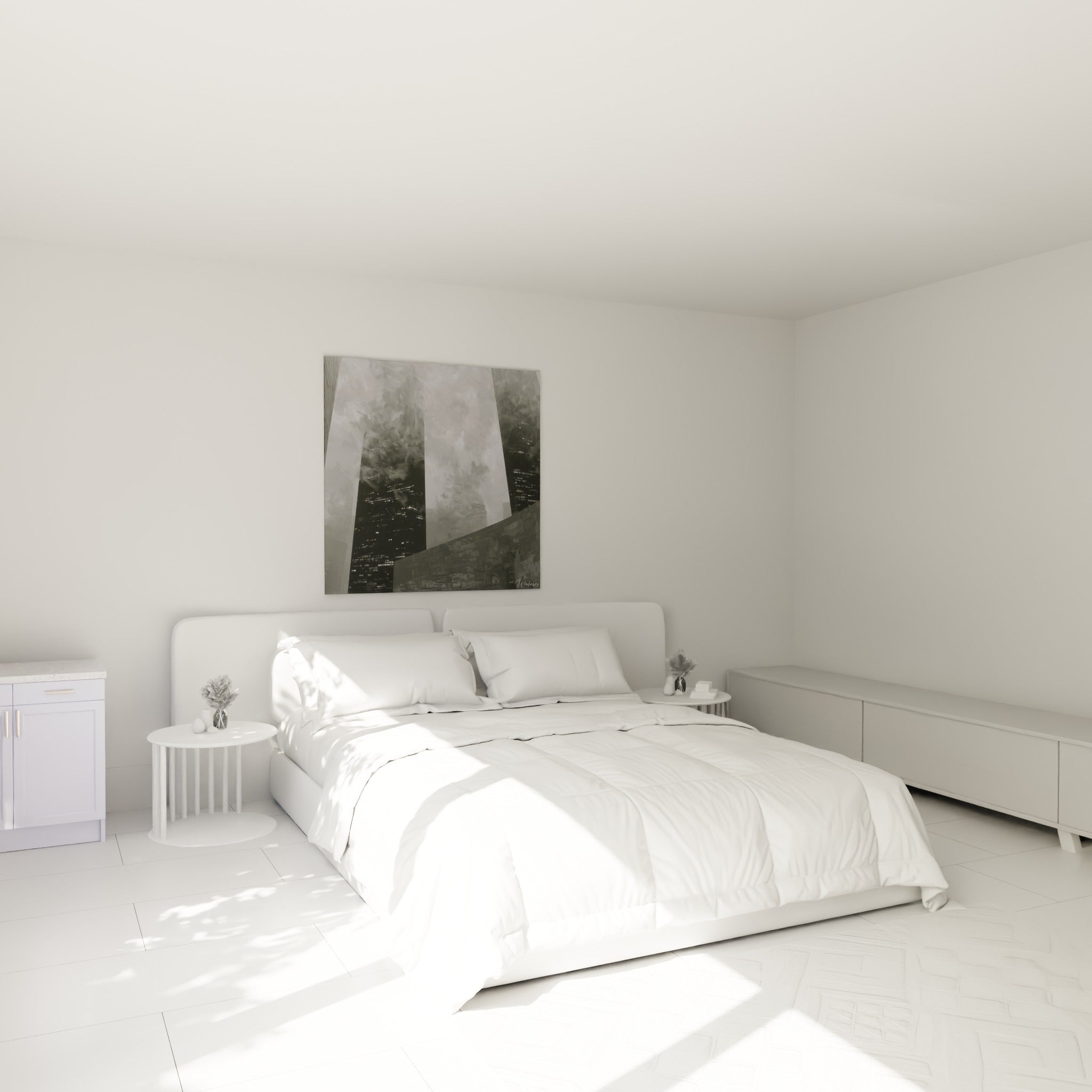 Tours urbaines anthracite et gris clair peintes, au-dessus d'un lit dans une chambre claire