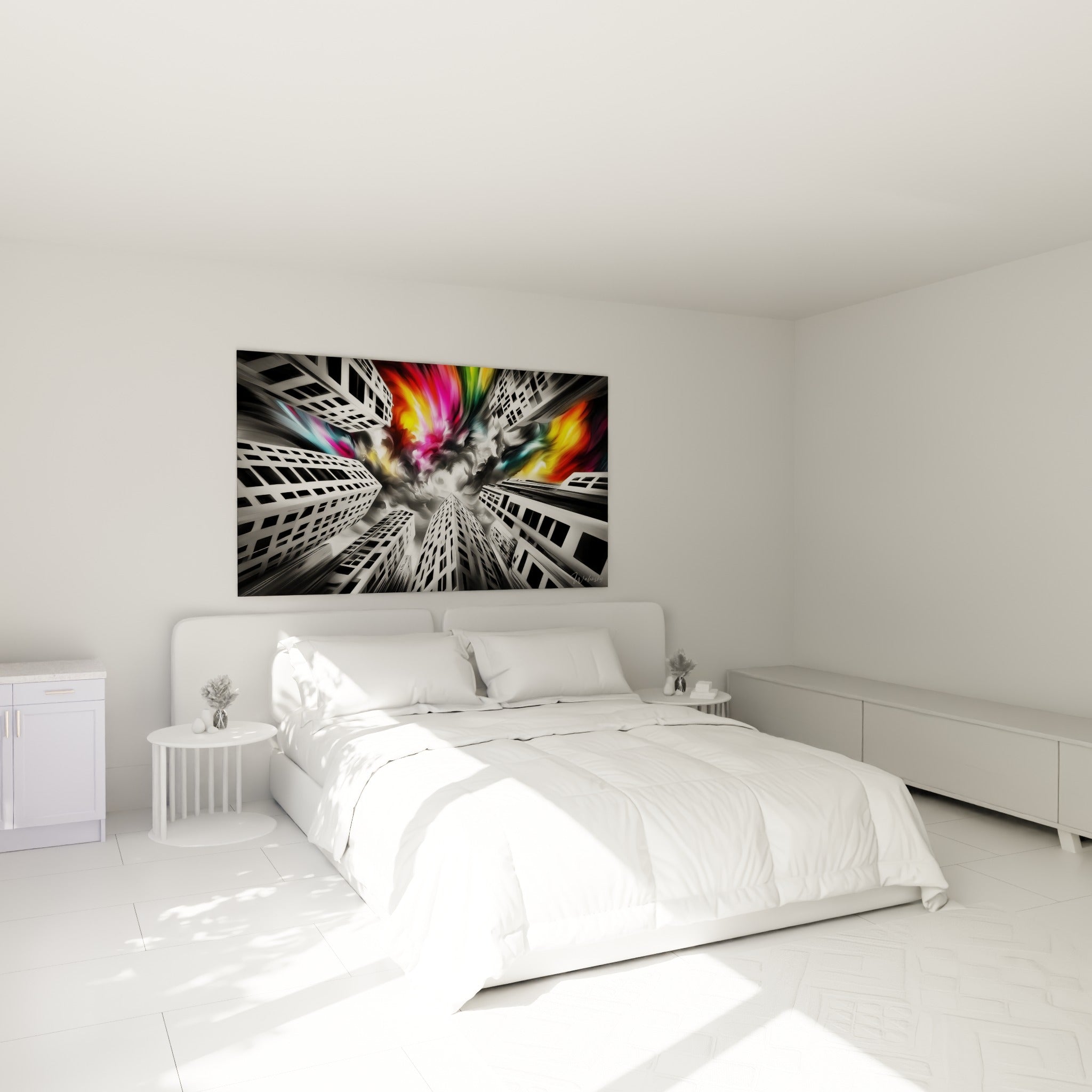 Tours urbaines noir et blanc et ciel arc-en-ciel doré au-dessus d'un lit dans une chambre claire