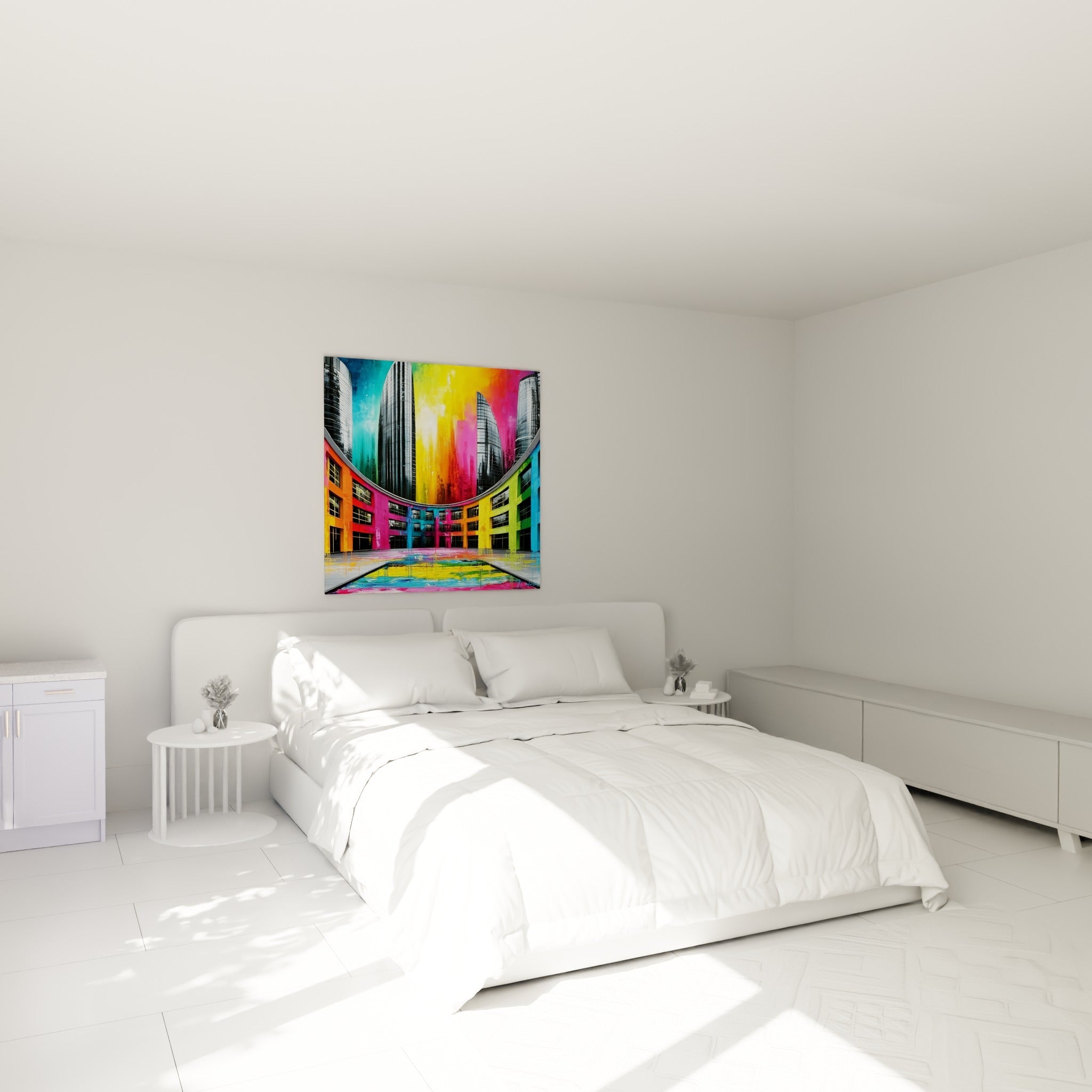 Tours noires et ciel fuchsia du tableau architecture abstrait au-dessus d'un lit dans une chambre claire