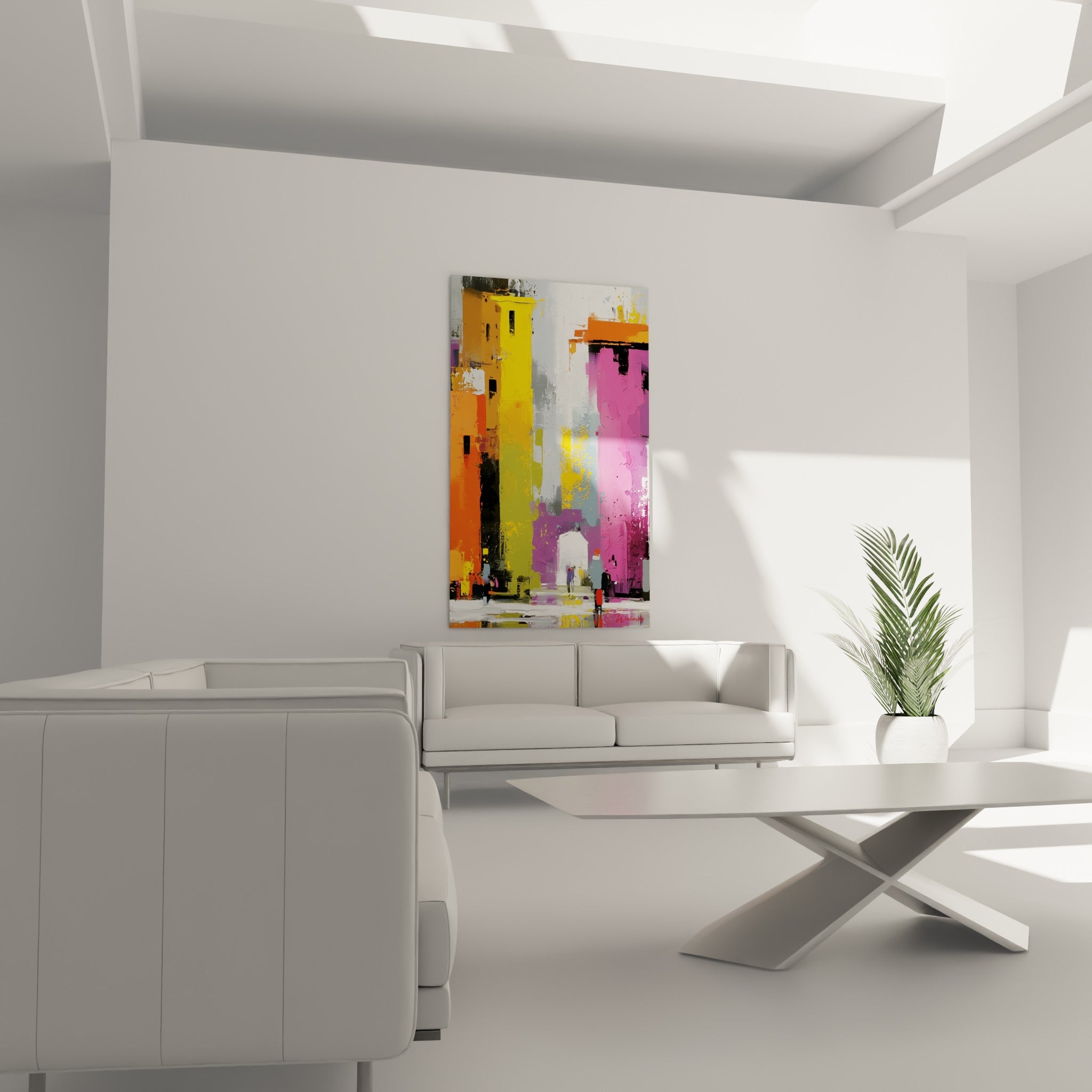 Blocs de couleur jaune ocre et magenta évoquant des tours, tableau architecture au-dessus d'un canapé dans un salon lumineux