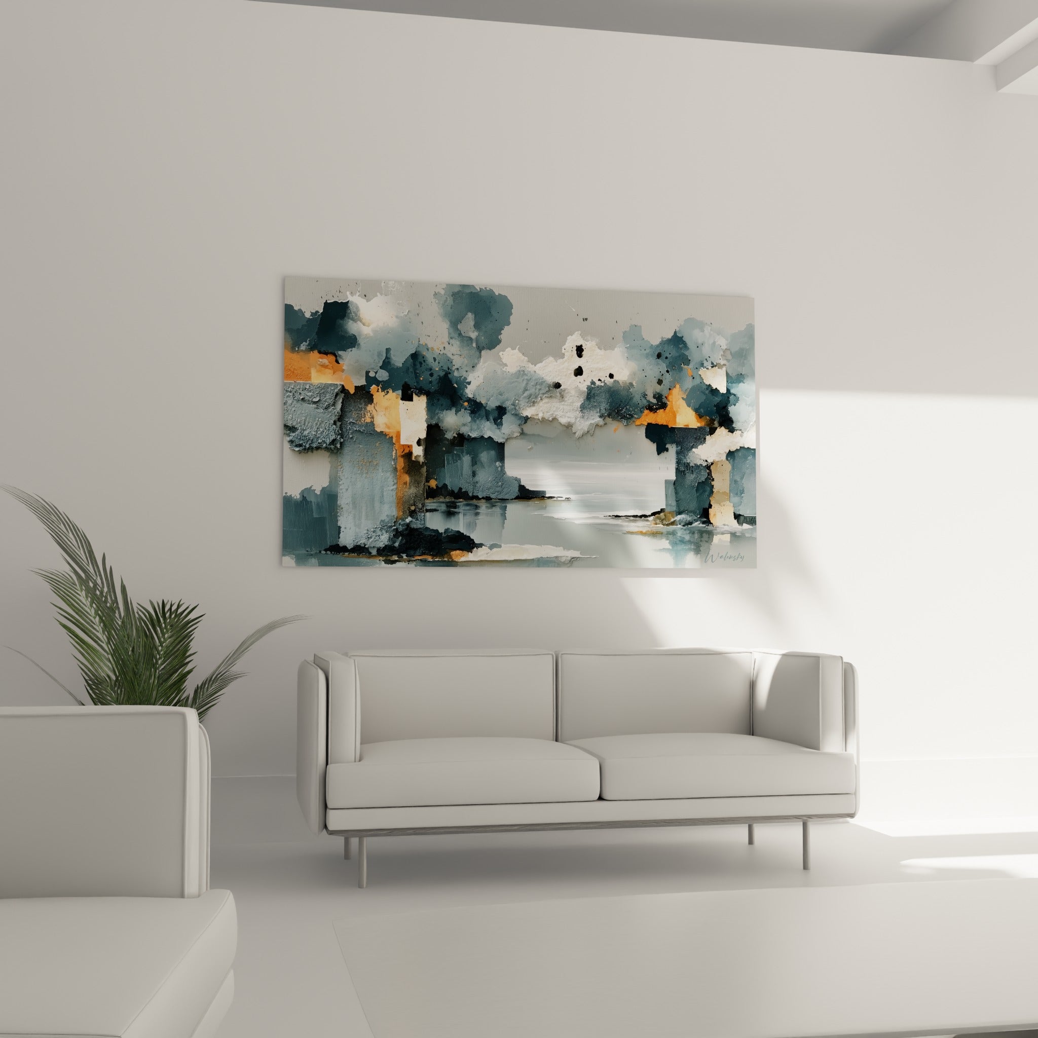 Tours dissoutes dans un camaïeu gris et ocre, accrochées au-dessus d'un canapé dans un salon lumineux
