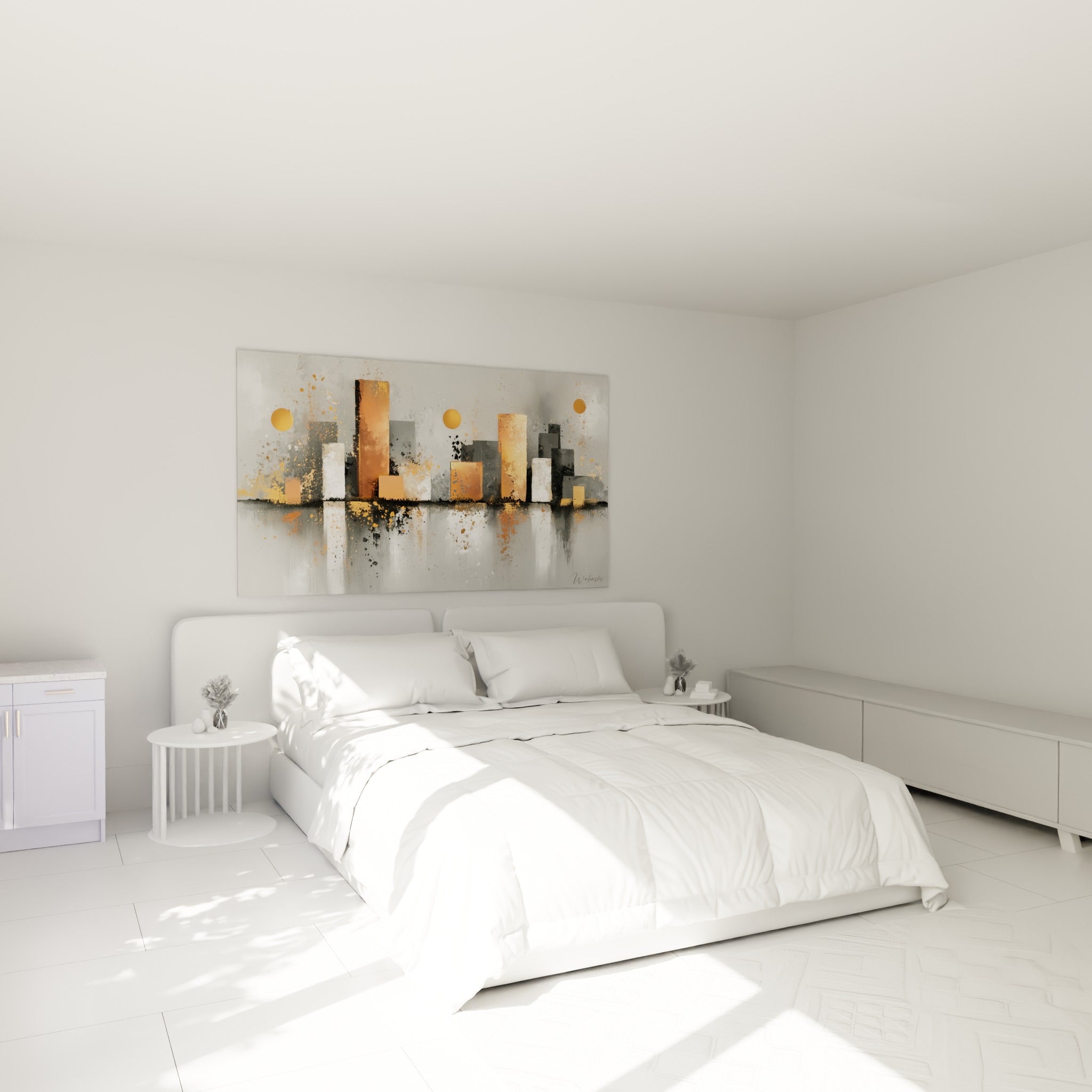 Tours orangées et grises d'une skyline abstraite, au-dessus d'un lit dans une chambre claire