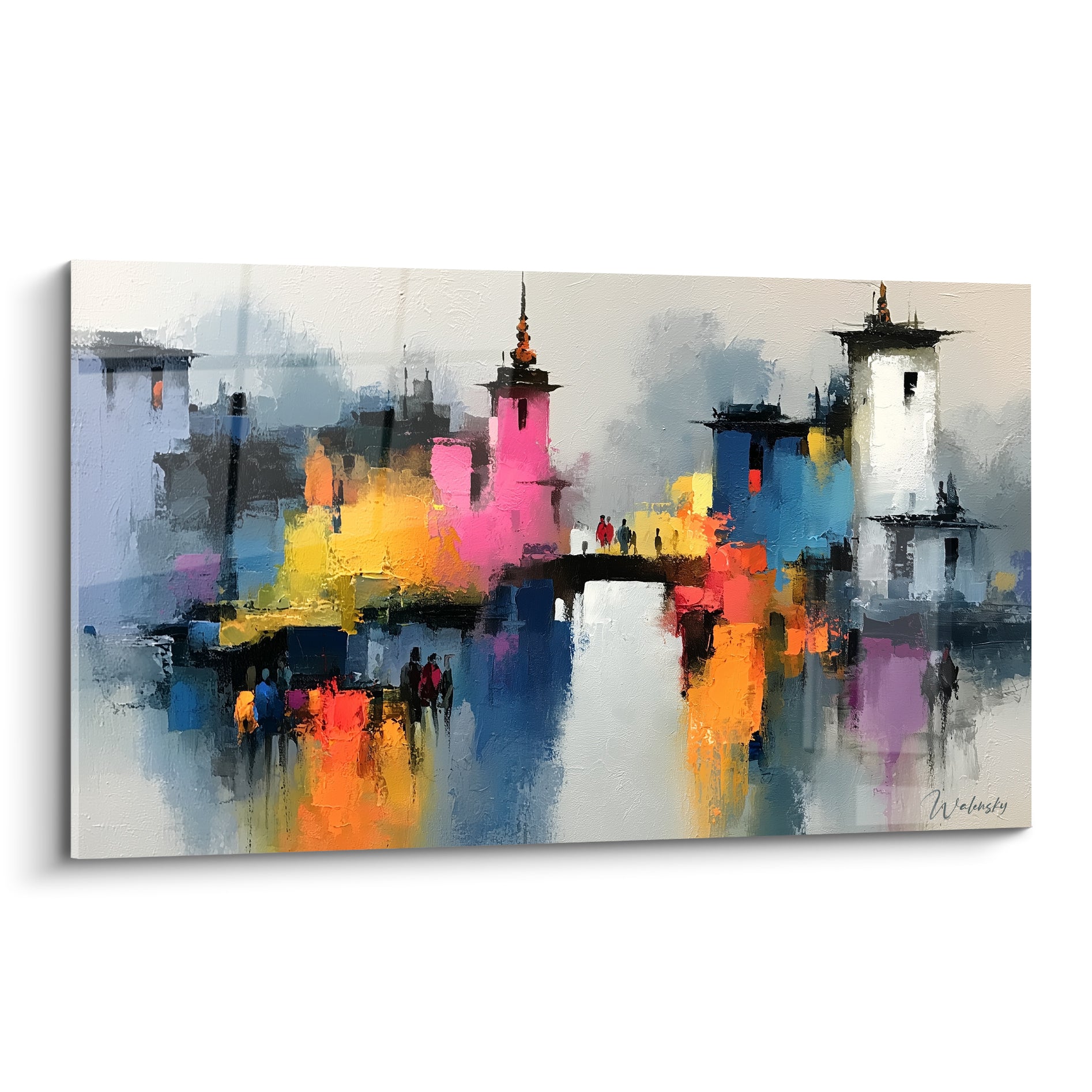 Tours roses et bleu marine d'une cité architecture abstrait, empâtements colorés au couteau