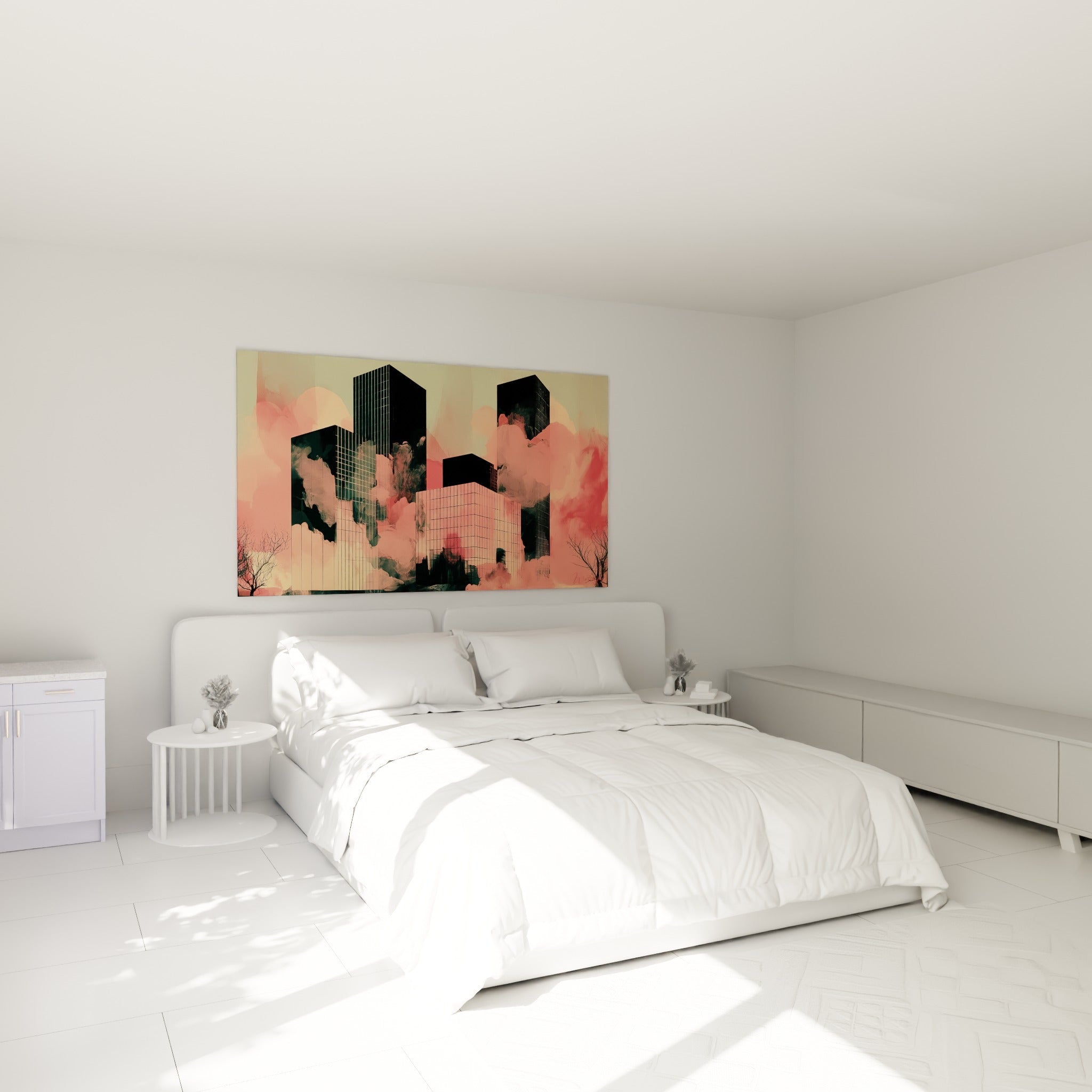 Tours sombres et nuées roses de ce tableau architecture abstrait, accrochées au-dessus d'un lit dans une chambre claire