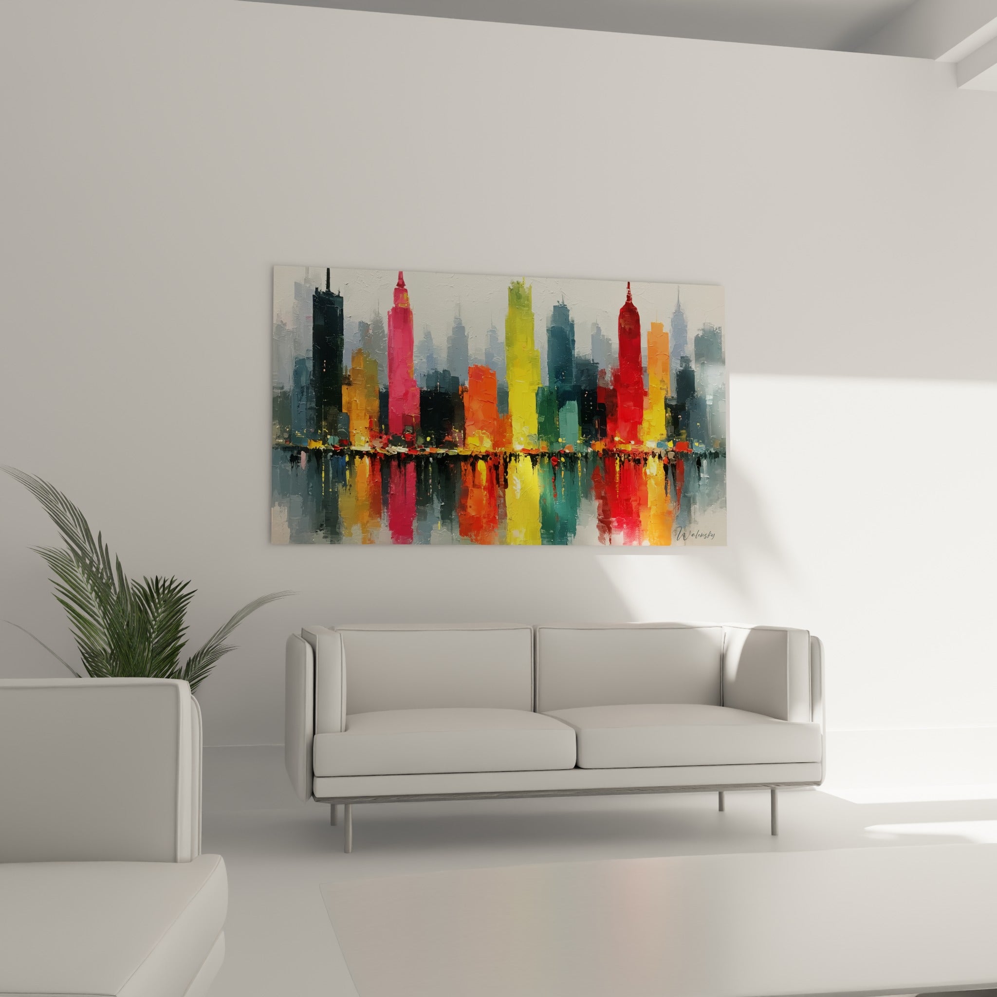 Immeubles rouges et bleu anthracite illuminés, suspendus au-dessus d'un canapé dans un salon lumineux