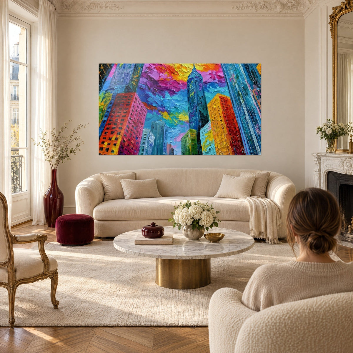 Tableau gratte-ciel rouge et orangé sous un ciel violet et jaune en pâte épaisse, au-dessus d'un canapé dans un salon lumineux