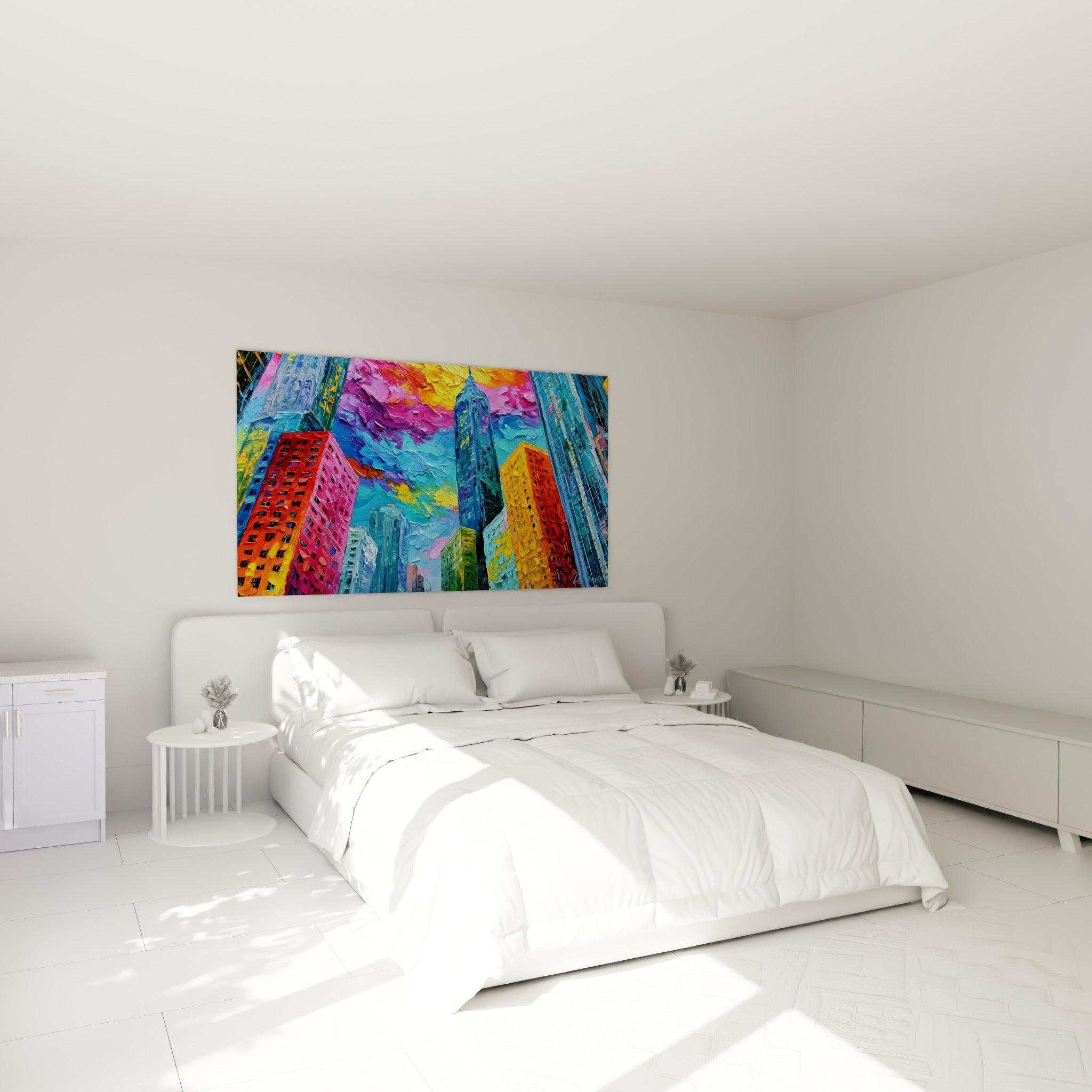 Tours colorées orange et turquoise, architecture abstrait accrochée au-dessus d'un lit dans une chambre claire