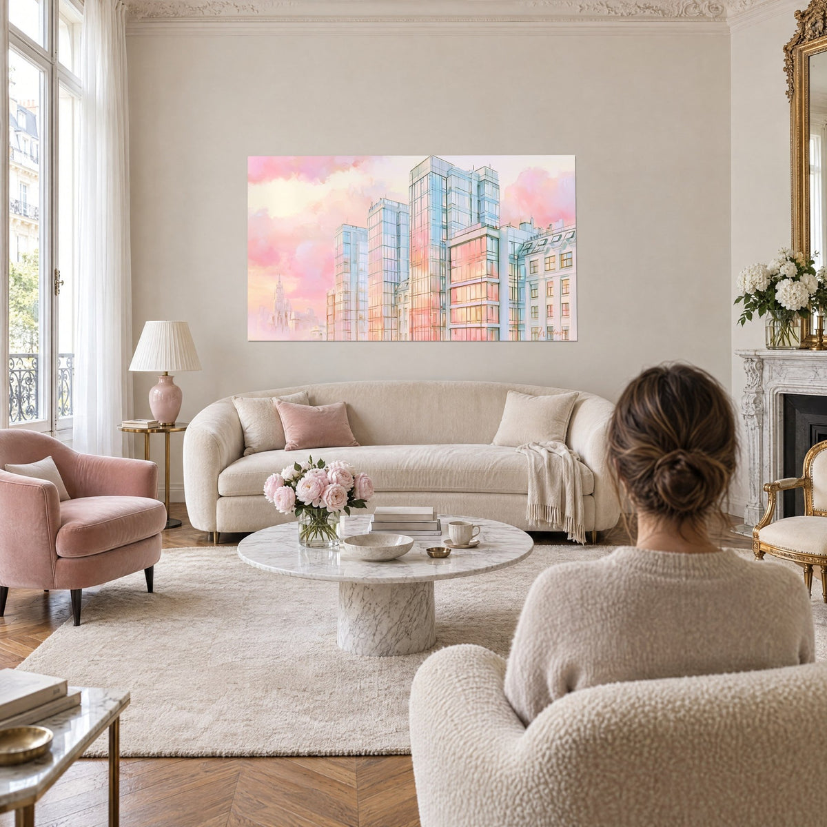 Quadro grattacieli di vetro rosa e azzurro pallido sotto nuvole cipria, donna di spalle, sopra un divano in un soggiorno luminoso