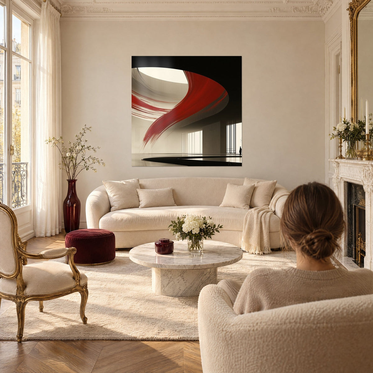 Tableau coup de pinceau écarlate déployé dans une rotonde crème, accroché au-dessus d'un canapé dans un salon lumineux
