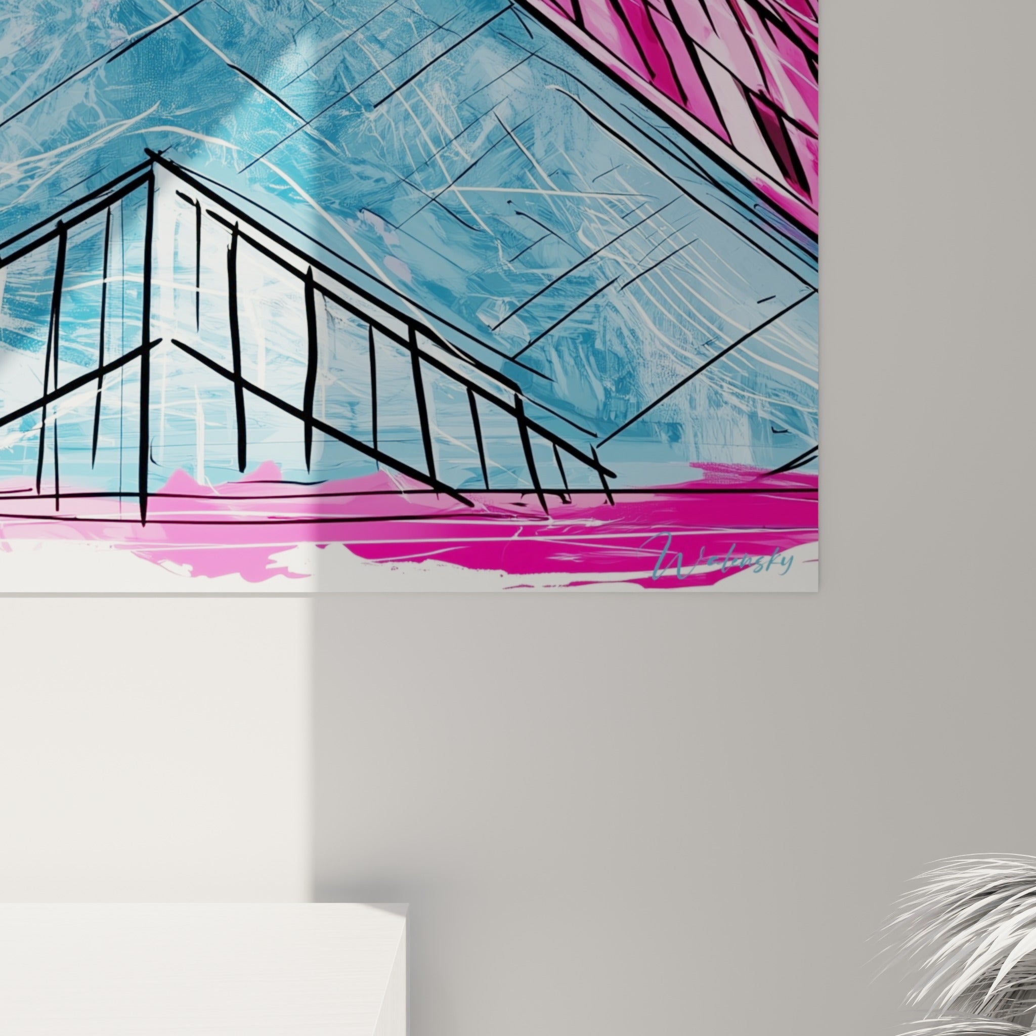 Empâtements noirs et coulures blanches sur fond rose fuchsia et bleu ciel de ce tableau architecture abstraite