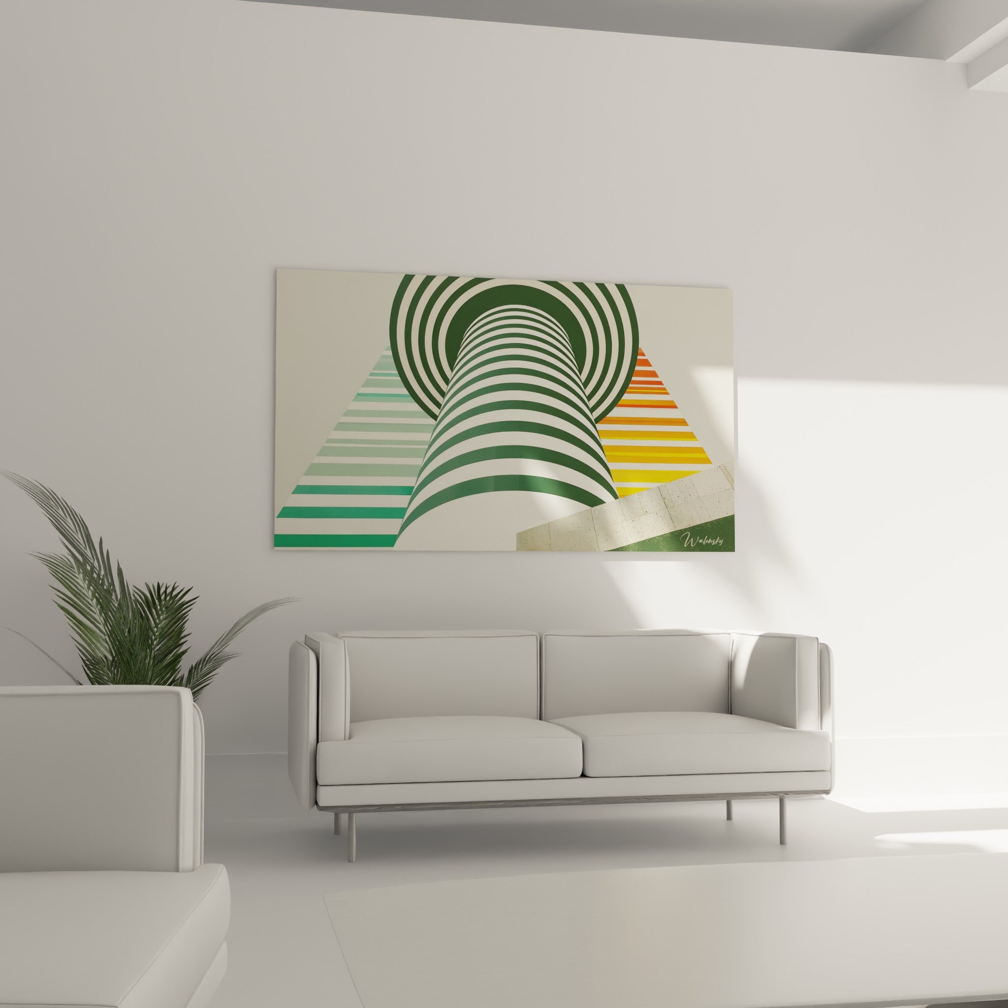 Composition géométrique verte et orangée d'architecture abstraite, au-dessus d'un canapé dans un salon lumineux