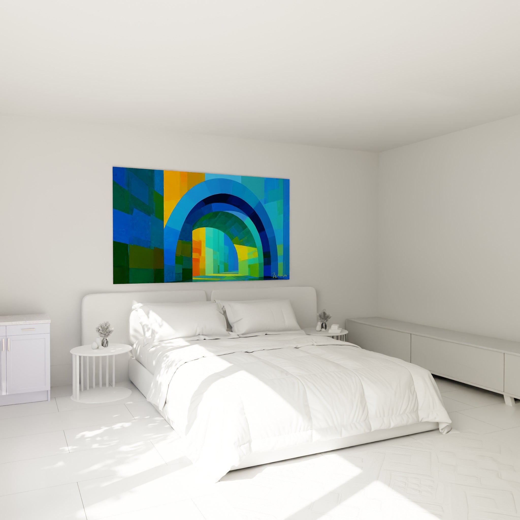 Tunnel d'arches bleu et jaune du tableau architecture abstrait, au-dessus d'un lit dans une chambre claire