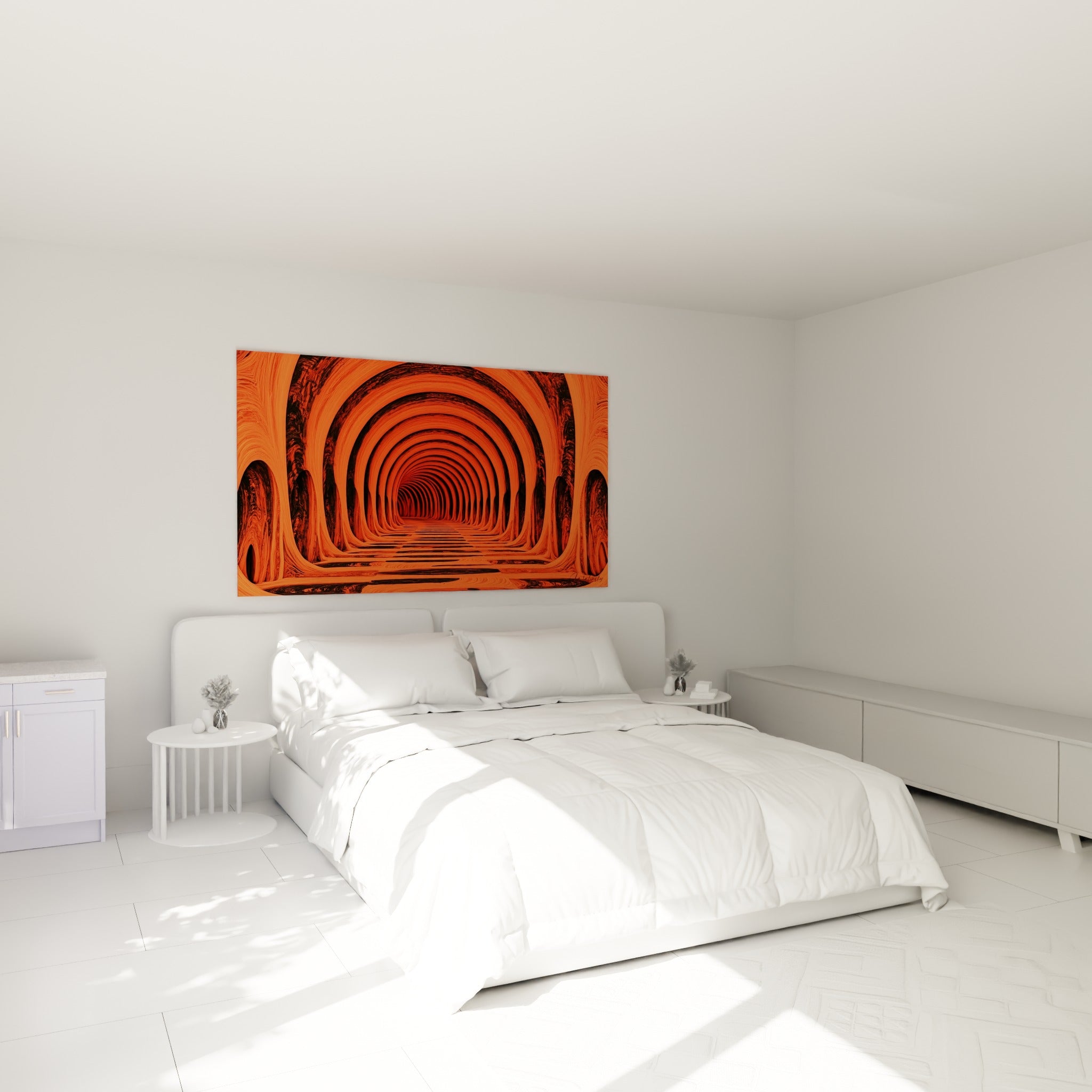 Arches orange et noires du tunnel infini au-dessus d'un lit dans une chambre claire