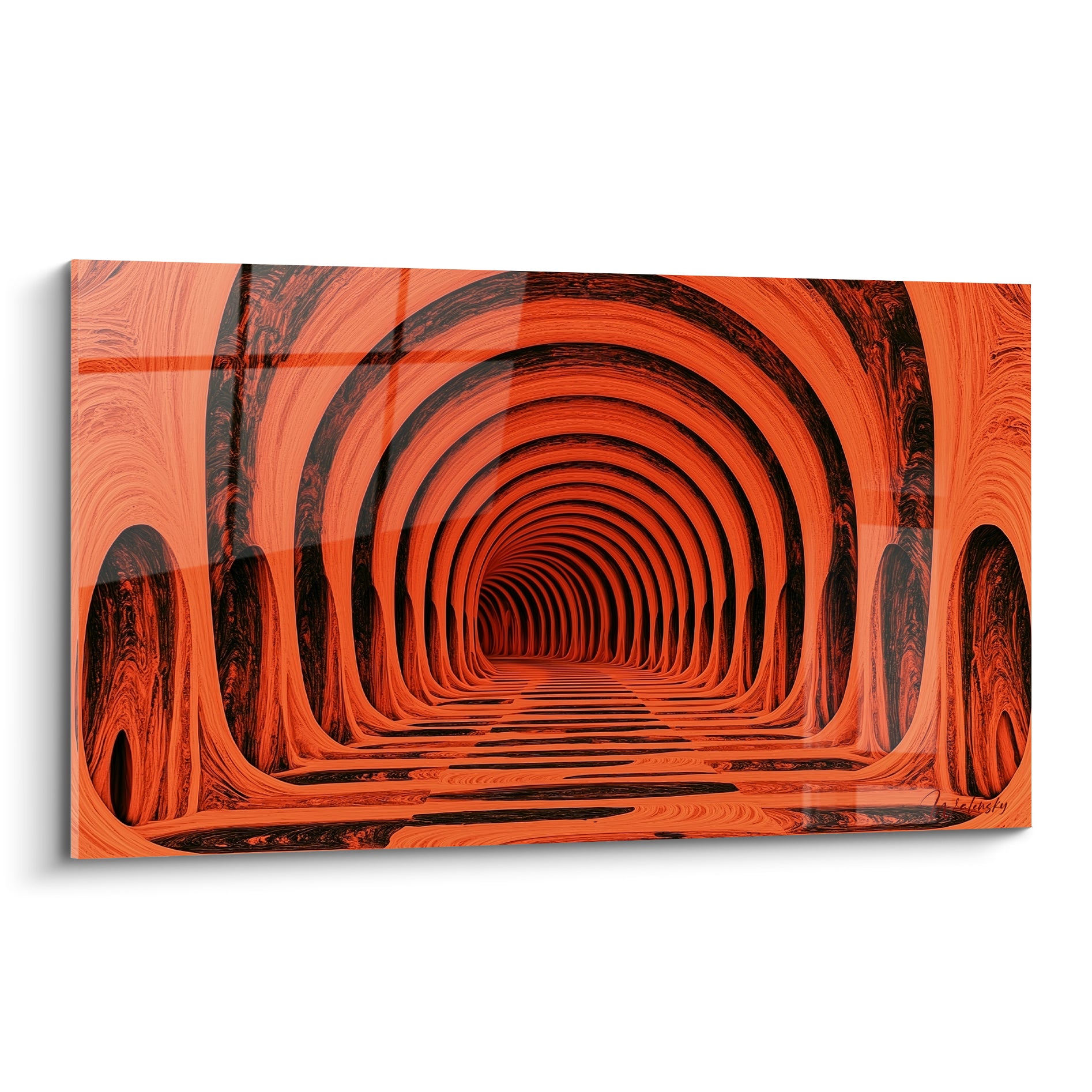 Tunnel voûté orange et noir aux arches concentriques, effet de perspective infinie et hypnotique