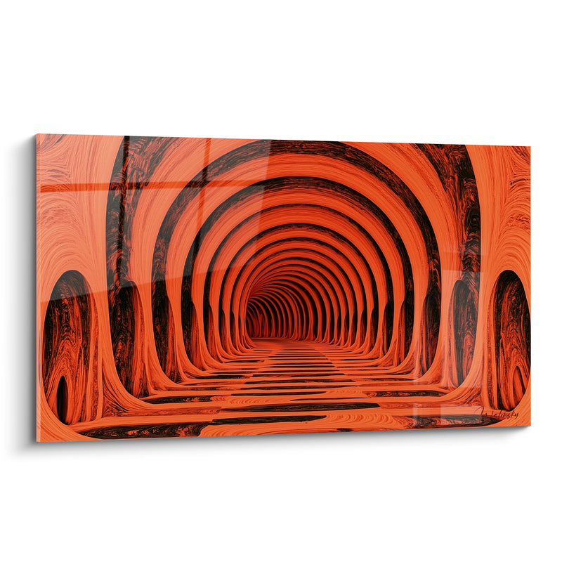 Tableau Tunnel voûté orange et noir aux arches fondues - Galerie sans fin - Edition Architecture abstrait