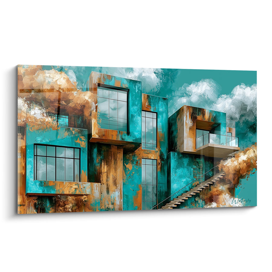 Gemälde Kubistische Gebäudeansicht Türkis und Kupferfarben mit Wolken - Schwebende Träumerei - Architektur Edition Abstrakte Kunst