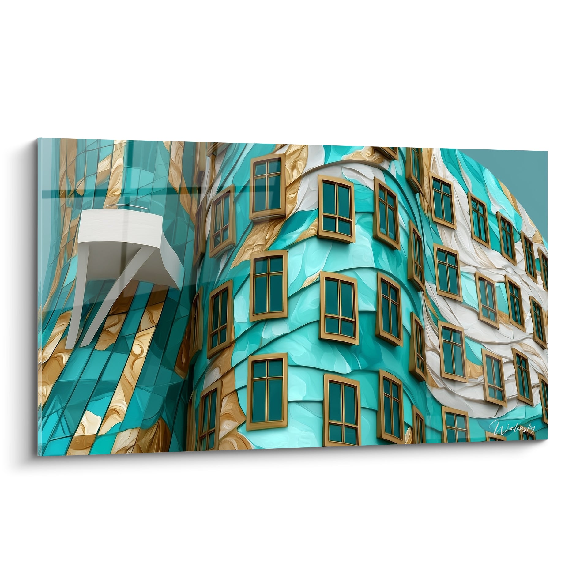 Façade architecture abstraite turquoise et dorée aux fenêtres ondulées, composition sculpturale vibrante