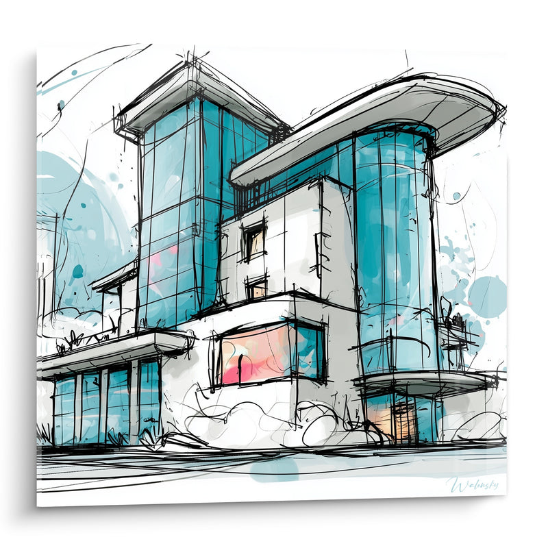 Tableau Bâtiment esquissé bleu turquoise et blanc - Esquisse en mouvement - Edition Architecture abstrait