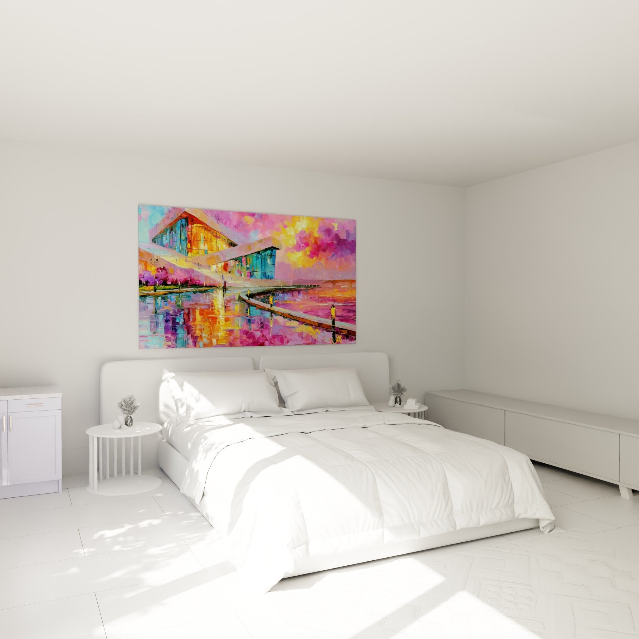 Façade vitrée turquoise et magenta d'un tableau architecture abstrait au-dessus d'un lit dans une chambre claire