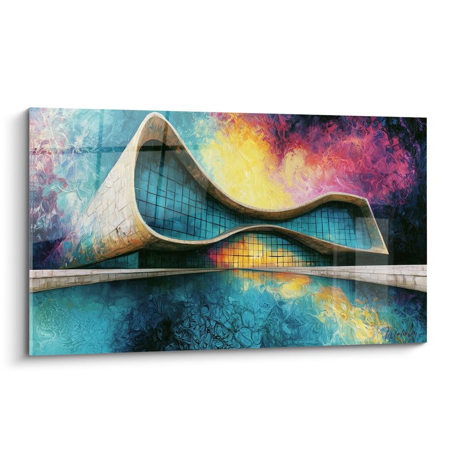 Tableau Bâtiment ondulant turquoise et magenta au bassin - Fusion céleste - Edition Architecture abstrait