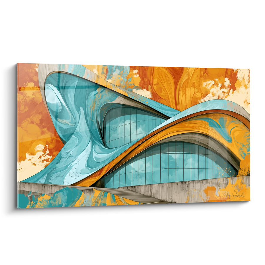 Tableau Bâtiment sinueux turquoise et orange aux verrières incurvées - Escalier de béton clair - Edition Architecture abstrait