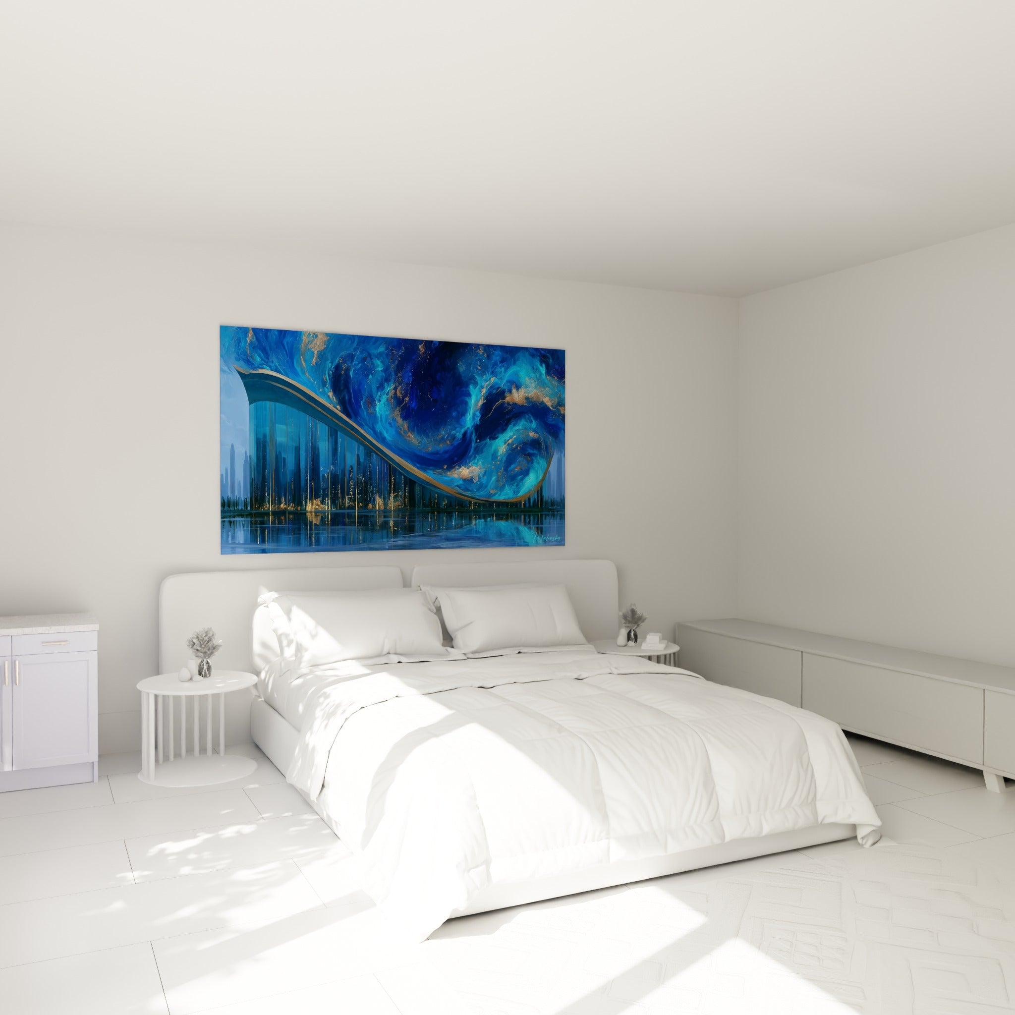 Vague céleste bleu turquoise et dorée surplombant une ville, tableau architecture abstrait au-dessus d'un lit dans une chambre claire