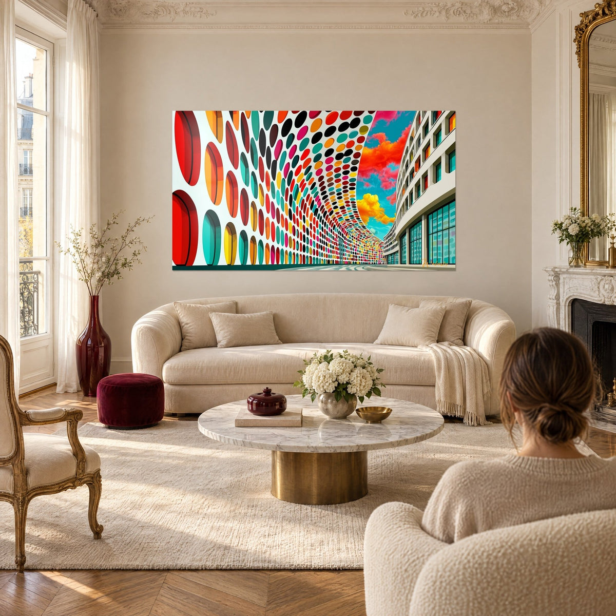 Tableau mur courbe constellé d'ellipses rouges, turquoise et jaunes sous un ciel orangé, au-dessus d'un canapé dans un salon lumineux