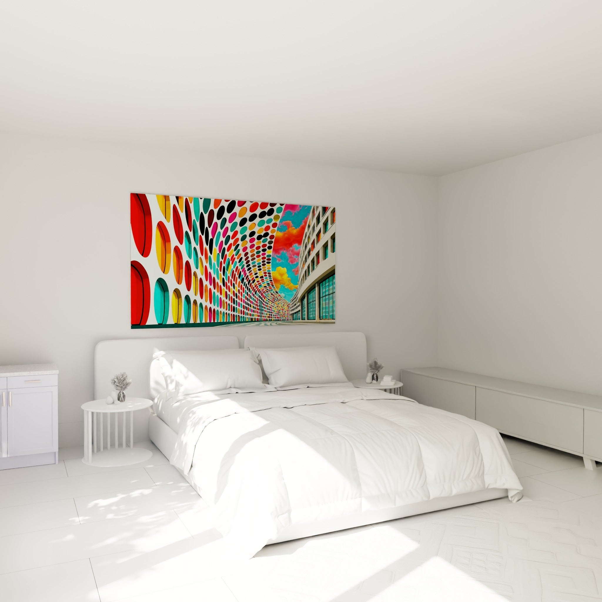 Motif ondulant multicolore en rouge et jaune moutarde, tableau architecture abstrait au-dessus d'un lit dans une chambre claire