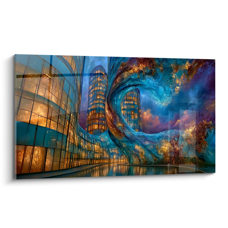 Golden Skyscraper with Turquoise Curves - Celestial Urban Wave - Abstract Architecture Edition