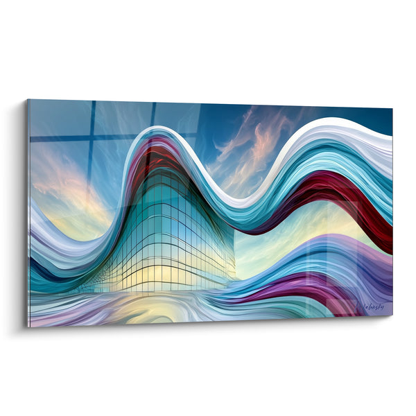 Cuadro Rascacielos azul y burdeos con olas fluidas - Movimiento suspendido - Edición Arquitectura abstracta