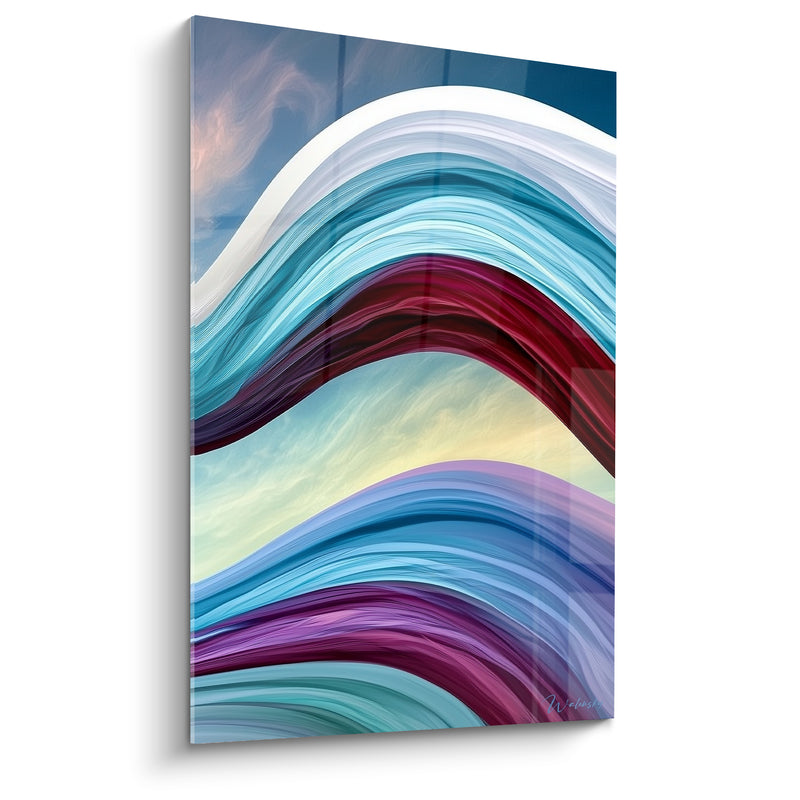 Tableau Rubans ondulants bleu et pourpre sur ciel voilé - Courbes en volutes - Edition Architecture abstrait