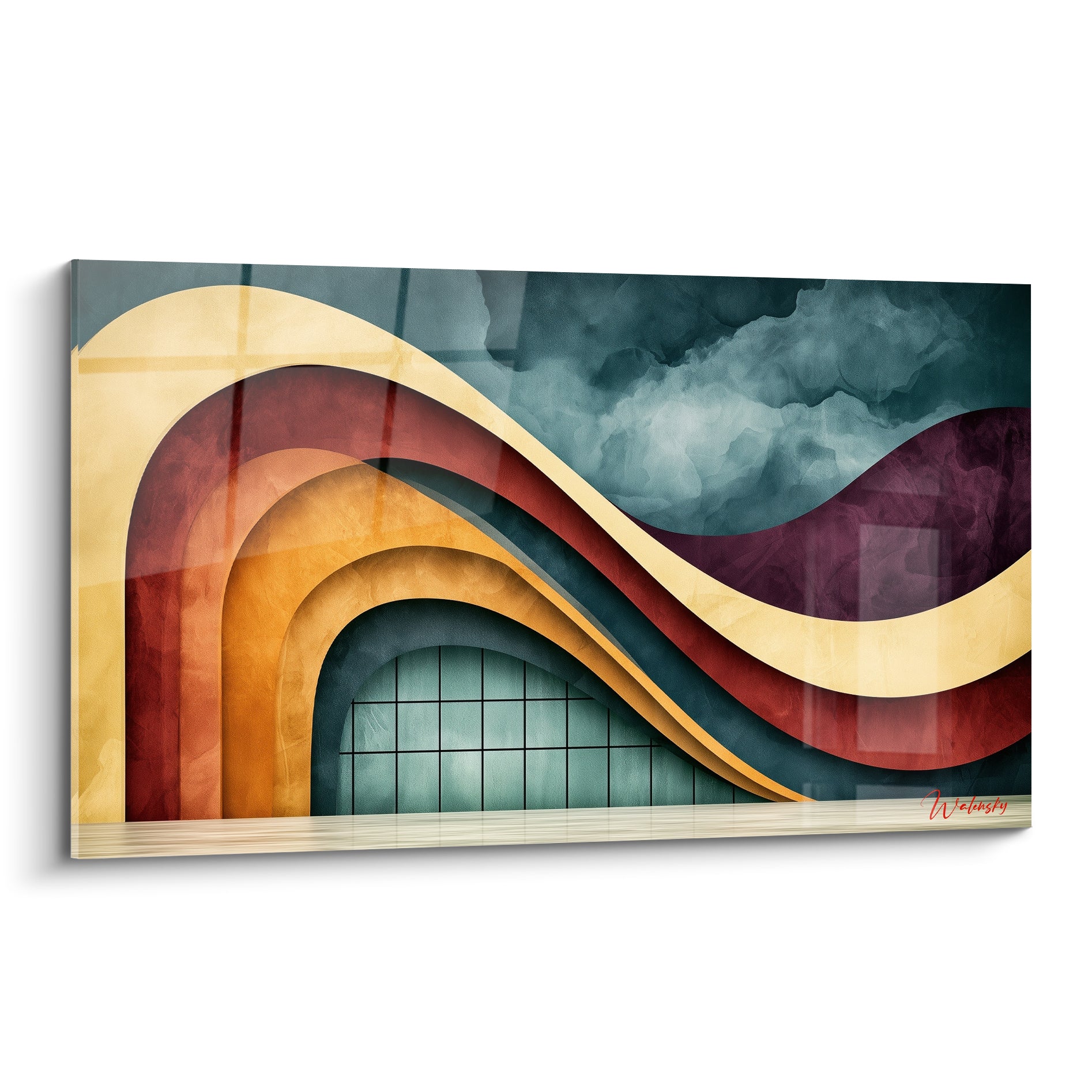 Vagues ocre, terracotta et bleu pétrole formant une architecture abstraite aux courbes fluides